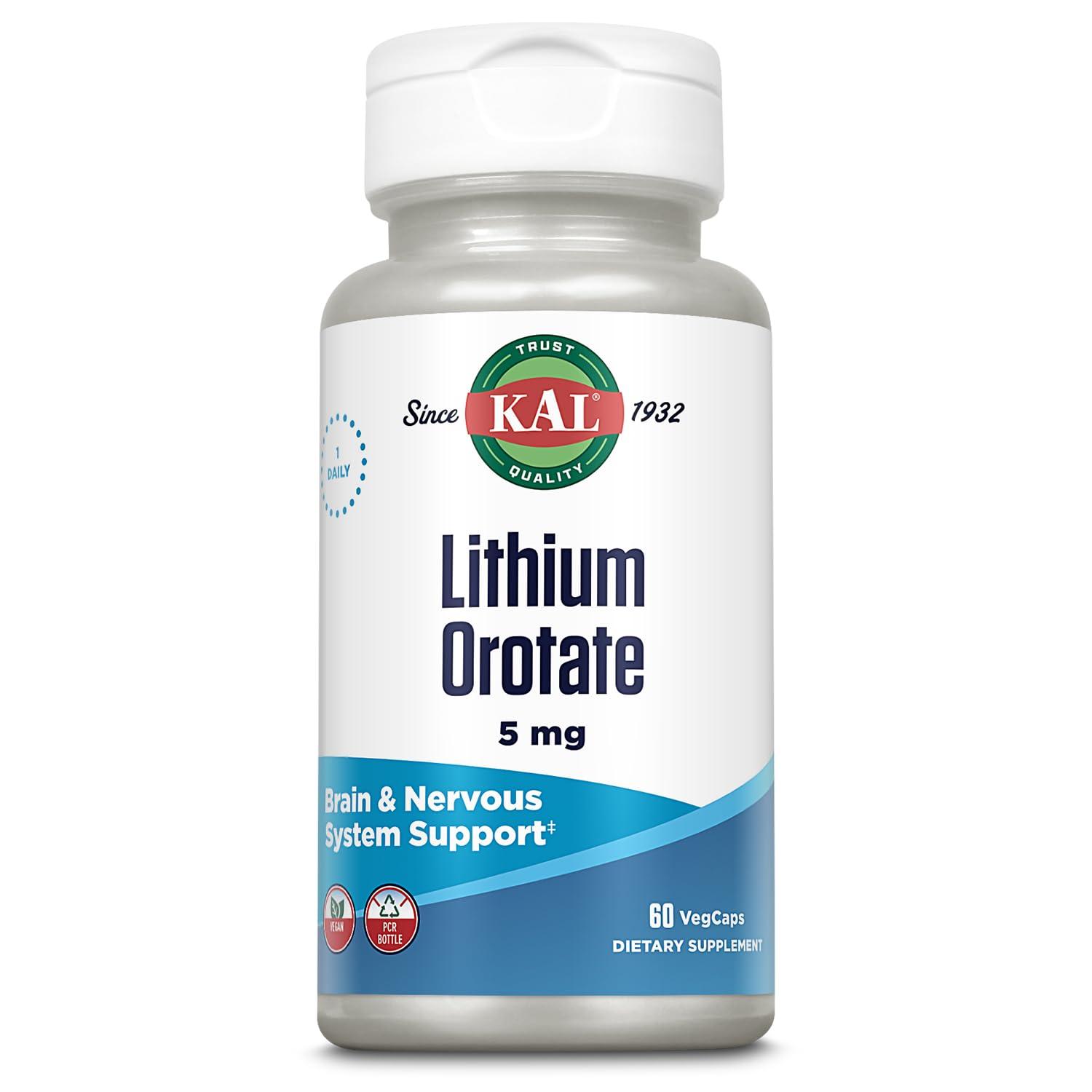 KAL KAL Lithium Orotate 5mg | Low Serving of Chelated Lithium Orotate for Bioavailability & Mood Support | in Organic Rice Bran Extract Base | 60 VegCaps