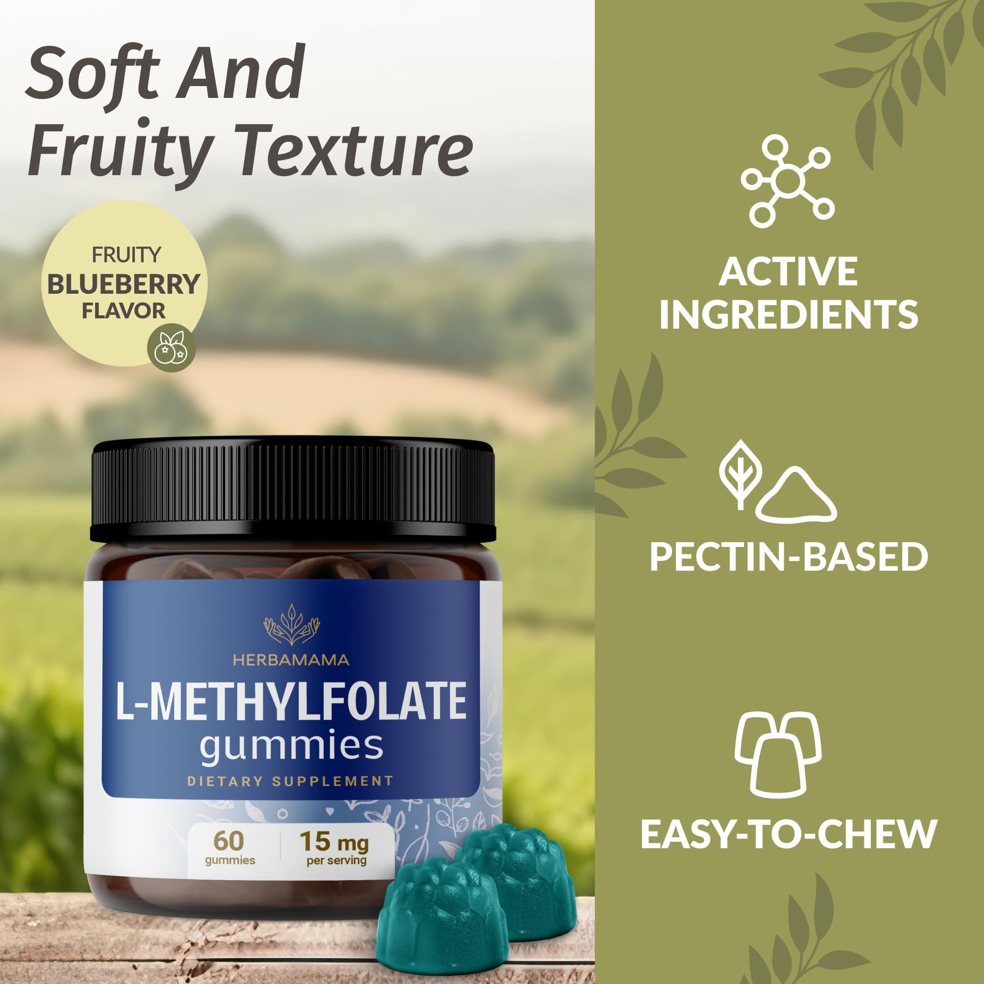 HERBAMAMA HERBAMAMA L-Methylfolate Gummies - 15mg 5-MTHF Calming Supplement for Adults - Vegan, Non-GMO Methylated Folate (Vitamin B9) for Brain Support - 60 Pectin-Based Blueberry-Flavored Chews