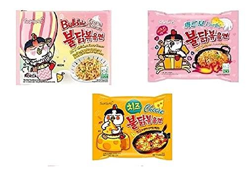 Sam Yang Samyang Korean Buldak Cream Carbonara Noodles PK1 & Buldak Carbo Noddles PK1 & Buldak Cheese Pk1(420Gm)(Imported) Pack of 3 (Non - Vegetrian)