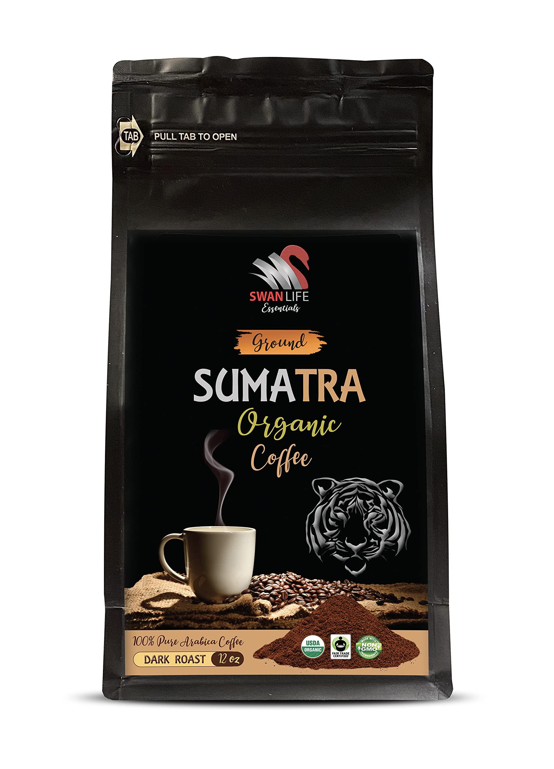 SWAN LIFE ESSENTIALS organic arabica whole bean coffee - SUMARTA GROUND COFFEE ORGANIC, arabica, dark rost, fair trade, low acidity - fair trade gifts for women, 1 Bag (12 Oz)