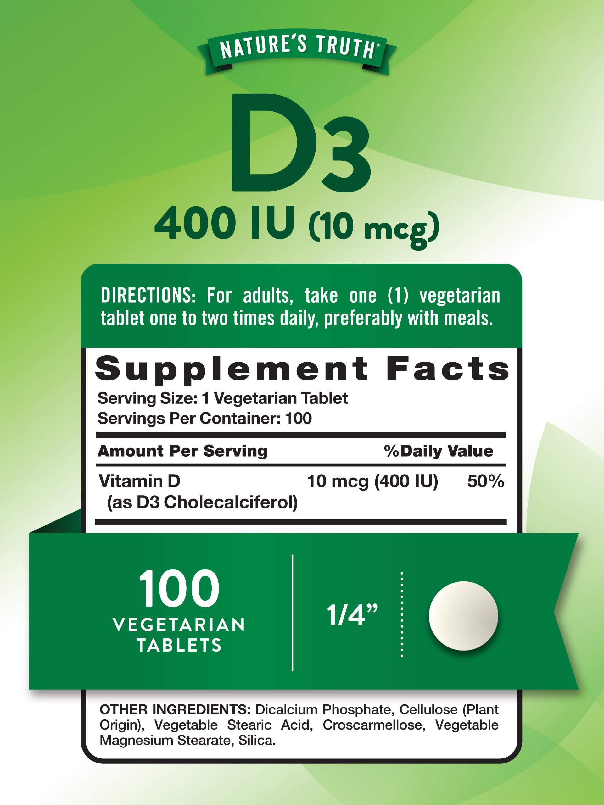 Nature's Truth Nature\'s Truth Vitamin D3 400 iu (10 mcg) | 100 Tablets | Vegetarian, Non-GMO, & Gluten Free Supplement