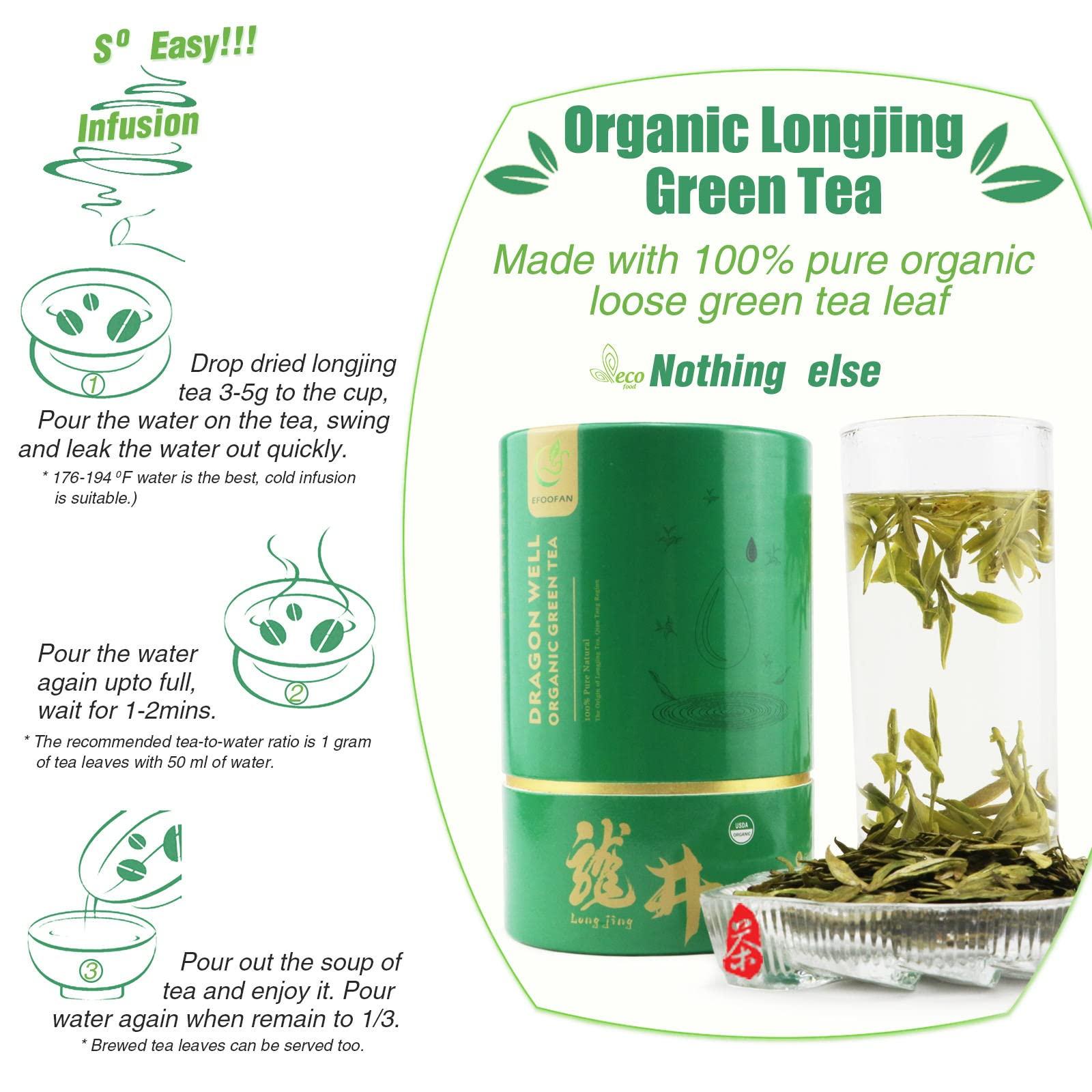 EFOOFAN EFOOFAN USDA Certified Organic Longjing Green Tea Loose Leaf, 3oz, Buds Leaves Hand-Picked, Authentic Chinese Dragonwell Tea Origin, Premium and Edible Long Jing
