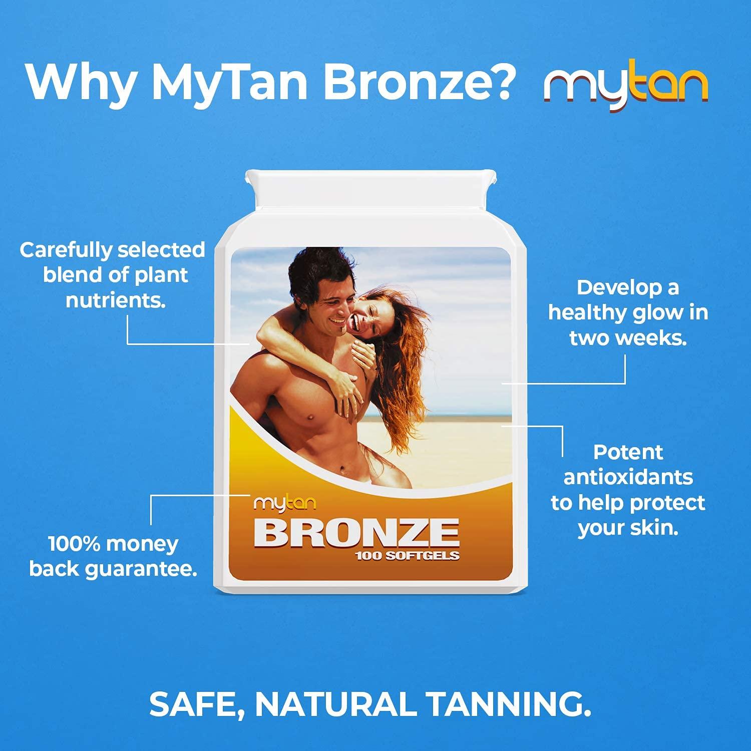 MyTan MyTan Bronze Tanning Pills | 100 Softgels | Sunless Tan Supplement | With Astaxanthin Lutein Lycopene And More | Over 7-Week Supply