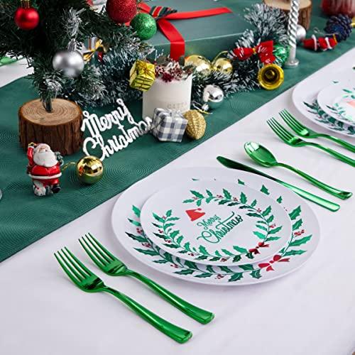 DaYammi DaYammi 60 PCS Christmas Plates White and Green Plastic Plates Red and Green Christmas Disposable Party Plates Include: 30 Christmas Dinner Plates 10.25\", 30 Dessert Plates 7.5\" for Christmas Party