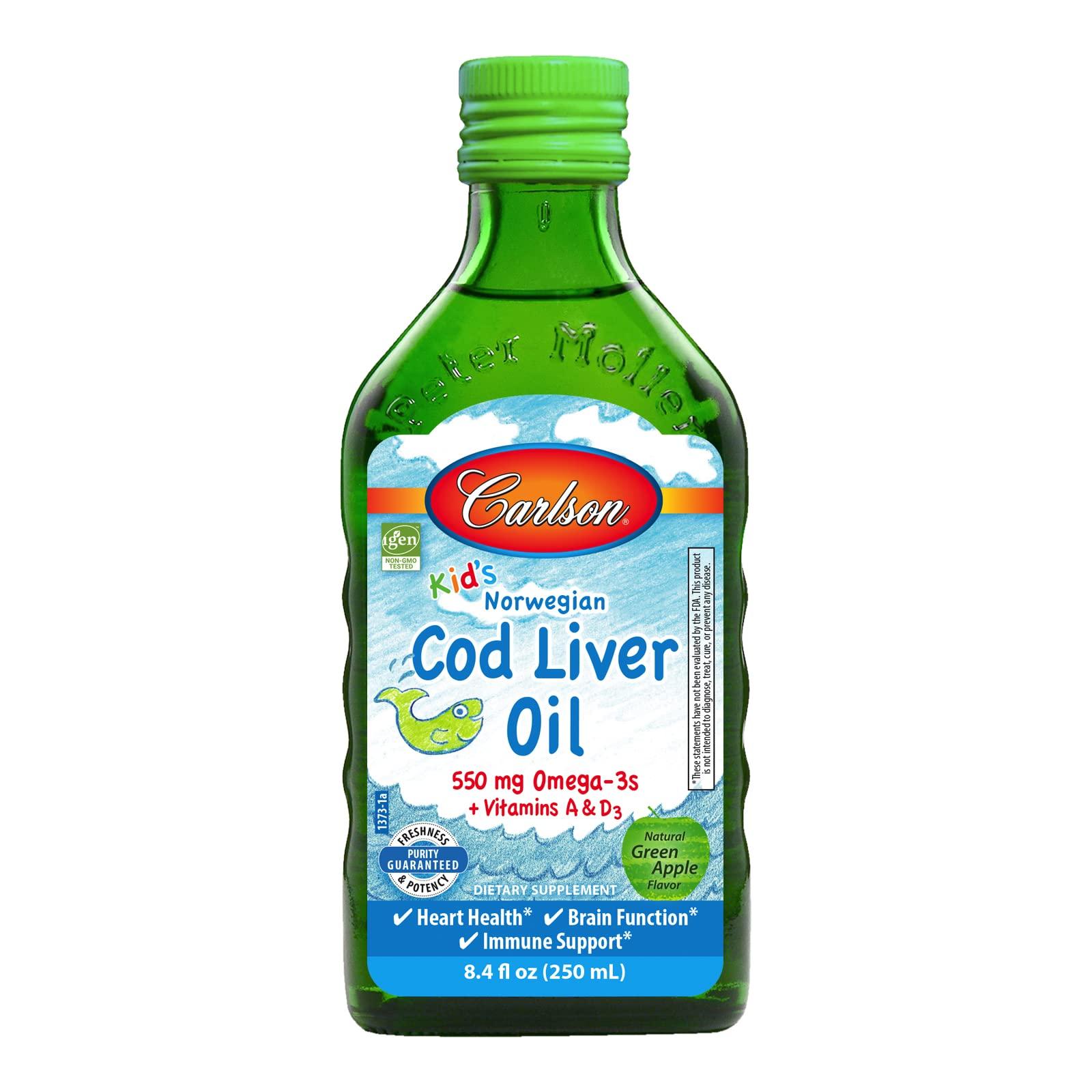 Carlson Carlson - Kid\'s Cod Liver Oil, 550 mg Omega-3s, Plus Vitamins A and D3, Liquid Fish Oil, Wild Caught Norwegian Arctic Cod, Sustainably Sourced Nordic Fish Oil, Green Apple, 250 mL (8.4 Fl Oz)