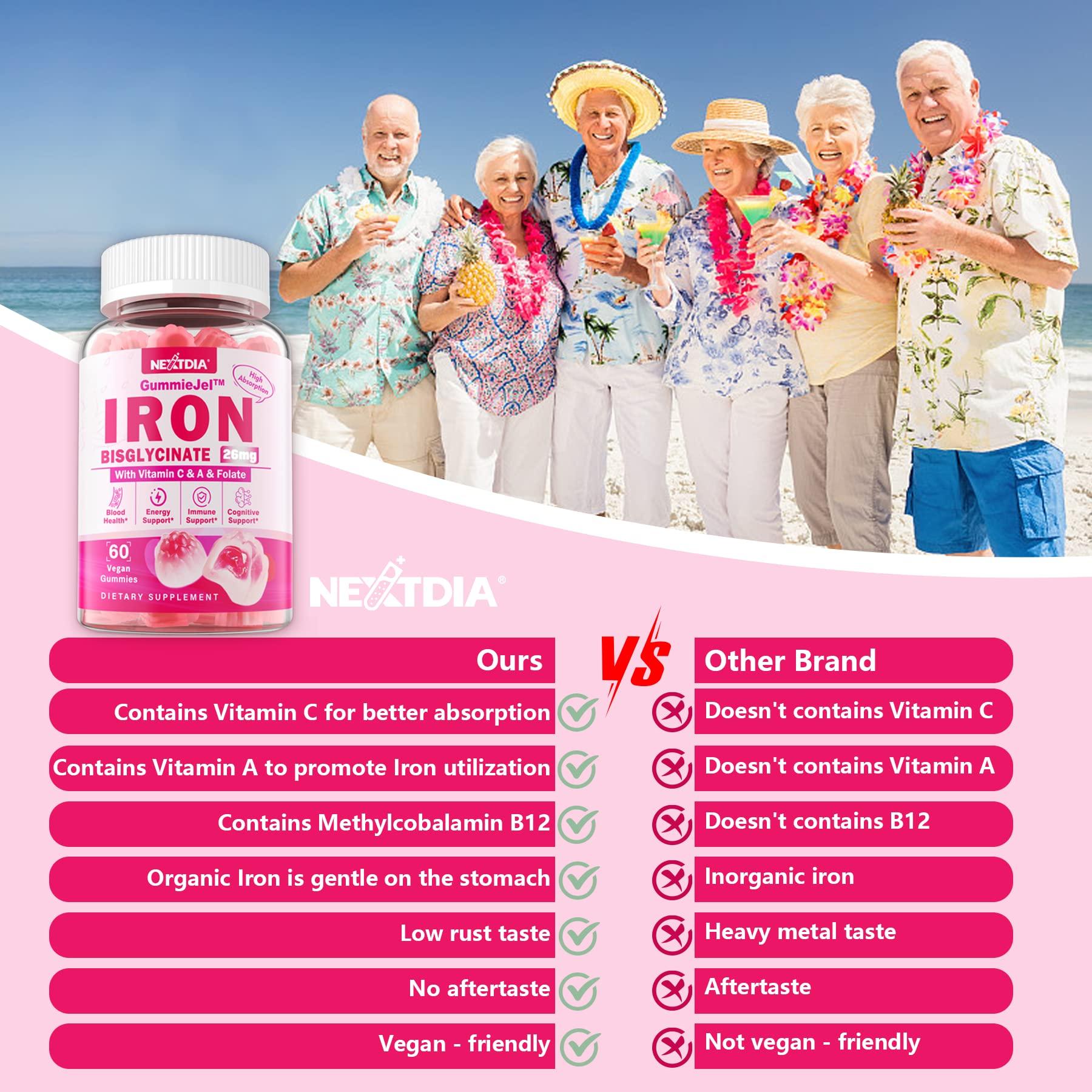 NextDia Iron Bisglycinate 26mg Filled Gummies - Gentle Beet Root Iron Gummy plus Vitamin C, Supplement Iron with B12 & Folate for Women & Men, Iron Deficiency, Immune & Energy Support, Sugar-Free, Vegan,60Cts