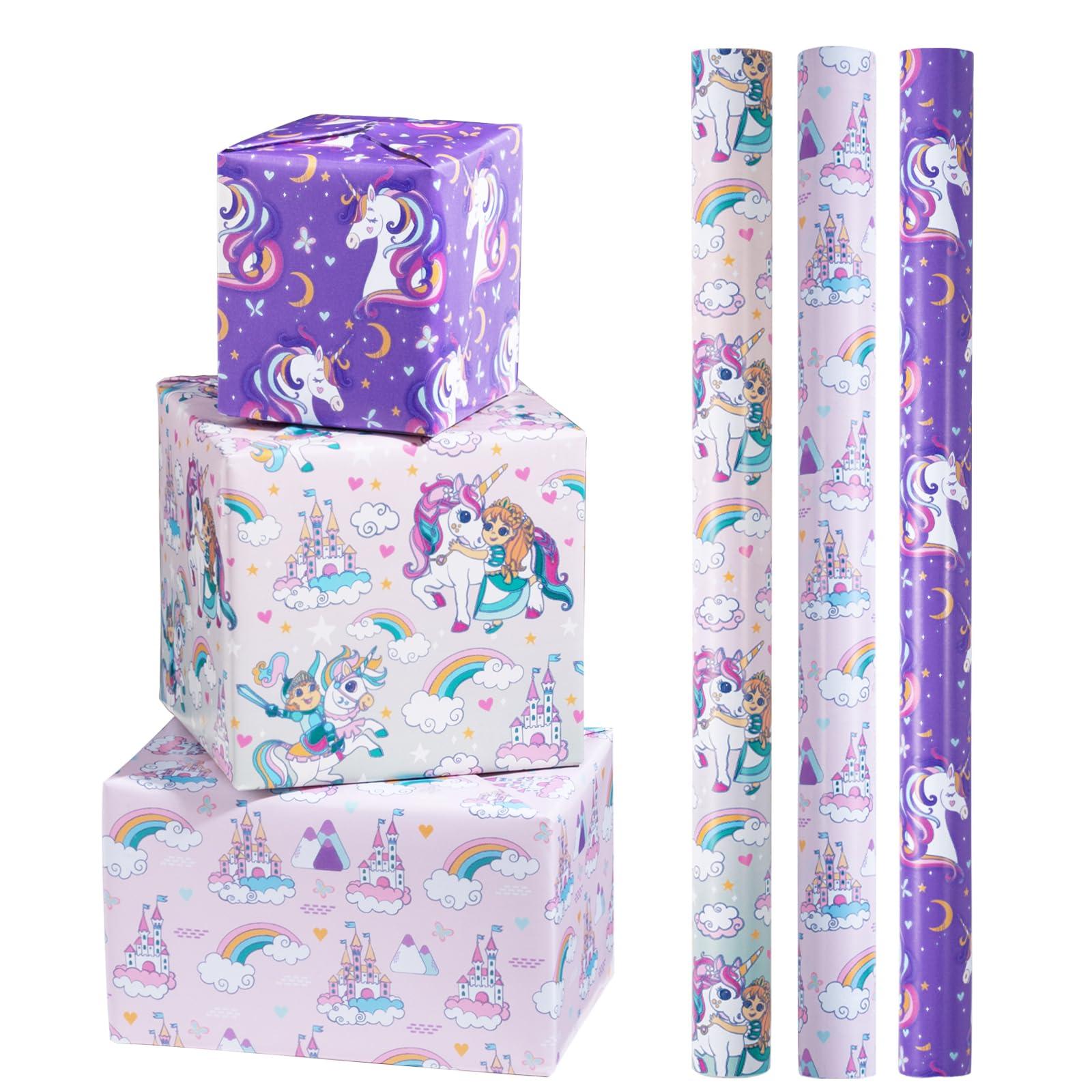 LeZakaa LeZakaa Unicorn Birthday Wrapping Paper Roll for Kids Girls Women, Purple Unicorn Wrapping Paper Rolls, Castle & Rainbow Gift Wrap for Birthday, Baby Shower Party Favor, 17 x 120 inches, 3 Rolls