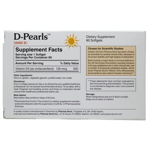 Pharma Nord D-Pearls Vitamin D3 5000 IU (125mcg) | Easy-to-Swallow | Chosen for Major Immune Study [1] | Active Vitamin D Supplement in Cold-Pressed Olive Oil for Immune Support, Teeth, Muscle and Bone Health