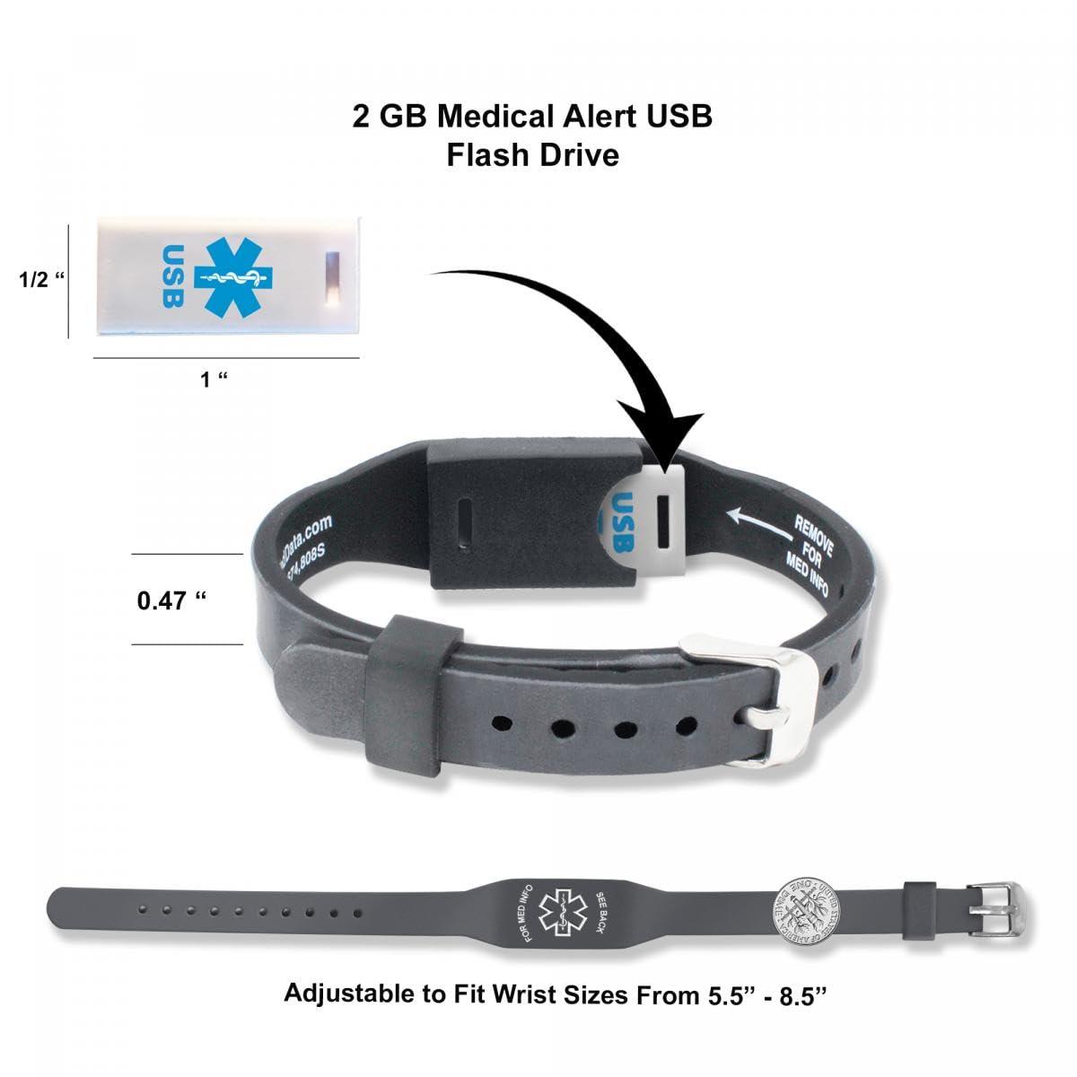 Universal Medical Data Elite II USB Medical Alert Bracelet Hypoallergenic Silicone Wristband w/ 2GB Waterproof Flash Drive, Engraved ID Plate, and Emergency Medical Card Access to Personal Health Record Portal, Gray