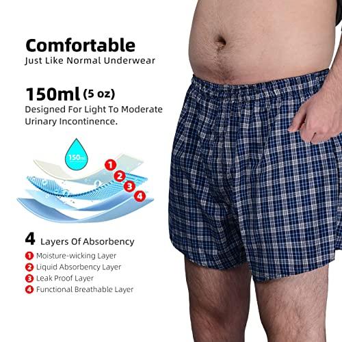 TIICHOO TIICHOO Incontinence Underwear for Men Washable Urinary Incontinence Boxer with Front Fly Regular Absorbency Mens Leak Proof Underwear 2 Pack(Medium, Blue Plaid)