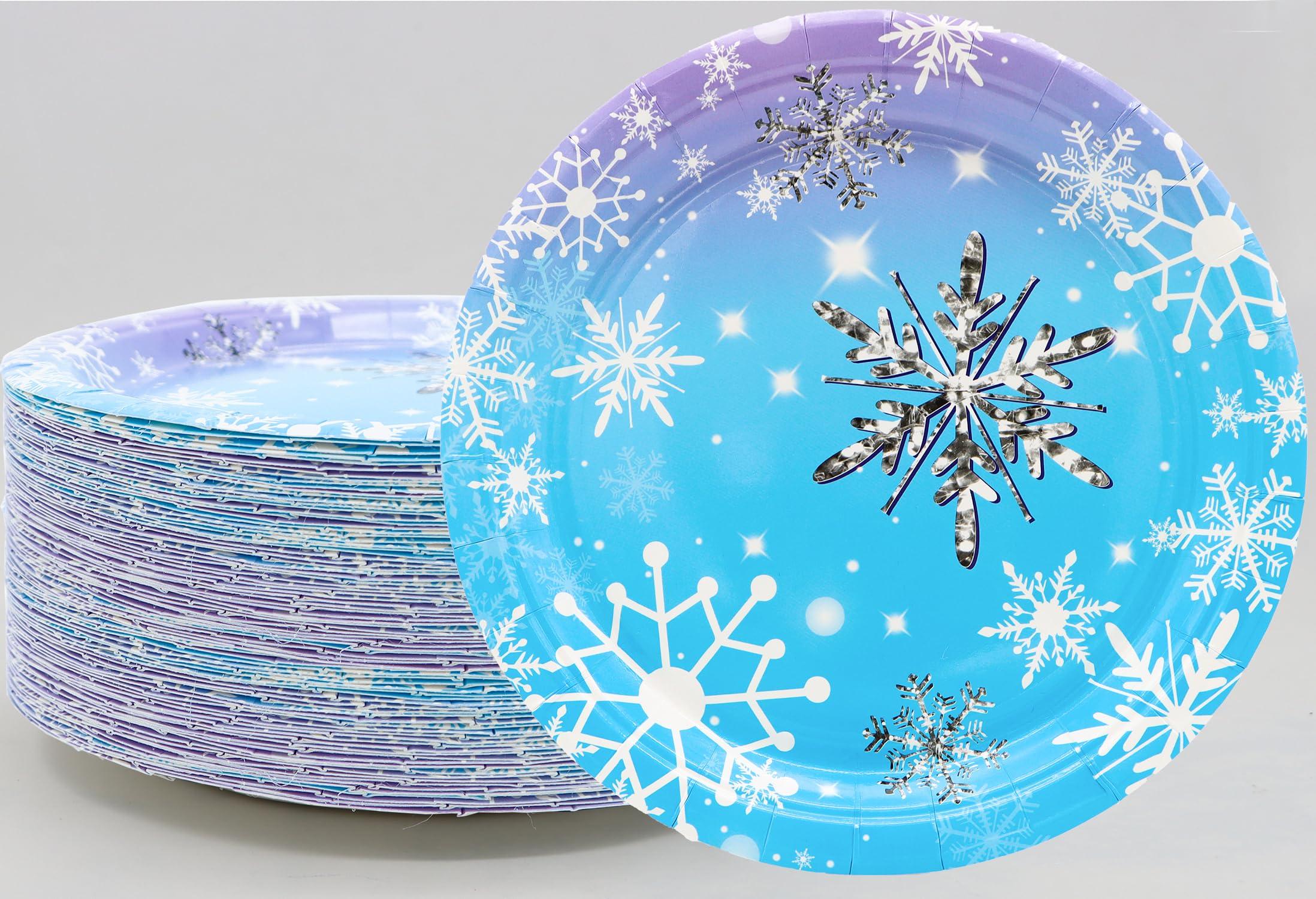GOGUOGOFA 50Pcs Frozen Snowflake Party Supplies,Snowflake Paper Plates,7\"Snowflake Plates Disposable Chrisstma Plates for Winter Snowflake Theme Wonderland Holiday Xmas Snowflake Birthday Party Decor(Blue)
