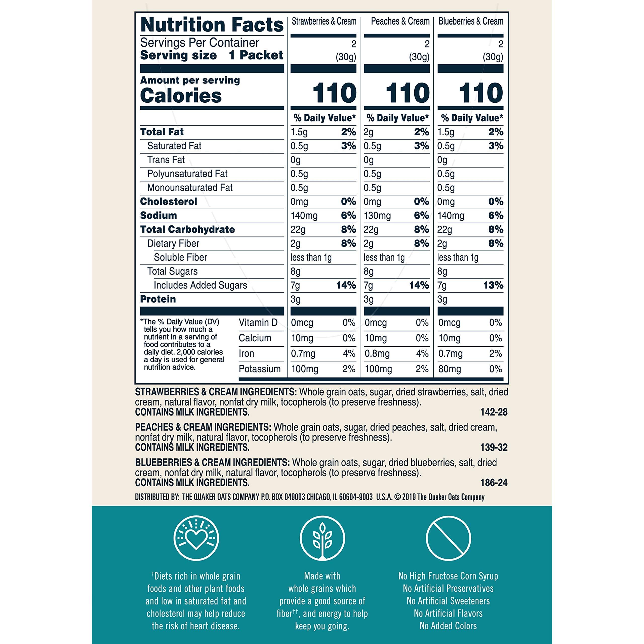Quaker Quaker Instant Oatmeal Fruit and Cream Variety Pack, Breakfast Cereal,1.23 Ounce(8 Count in 1 Box) (Pack of 12 )