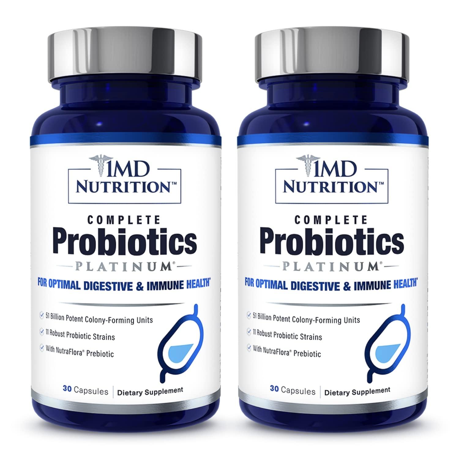 1MD Nutrition 1MD Complete Probiotics Platinum | Supports Digestive Health | with Nourishing Prebiotics, 51 Billion Live CFU, 11 Strains, Dairy-Free | 30 Vegetable Capsules (2-Pack)