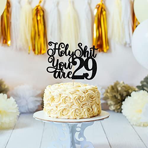 Jenrtvis Happy 29th Birthday Cake Topper, 29 & Feeling Fine, Cheers to 29 Years Cake Decorations, Funny 29th Birthday Decorations Men Women Black Glitter
