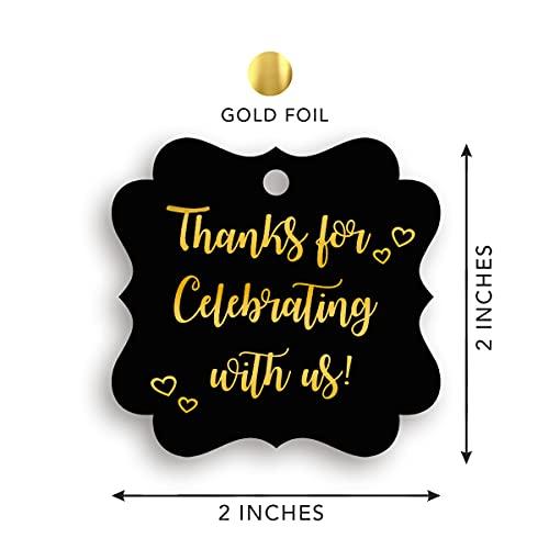 K11 Photo Design Black Thank You Tags for Favors, Fancy Frame, Gift Tags, Gold Foil Hot Stamp, 25 Pack Wedding or Party, Thanks for Celebrating with Us Tags (Frame black2)