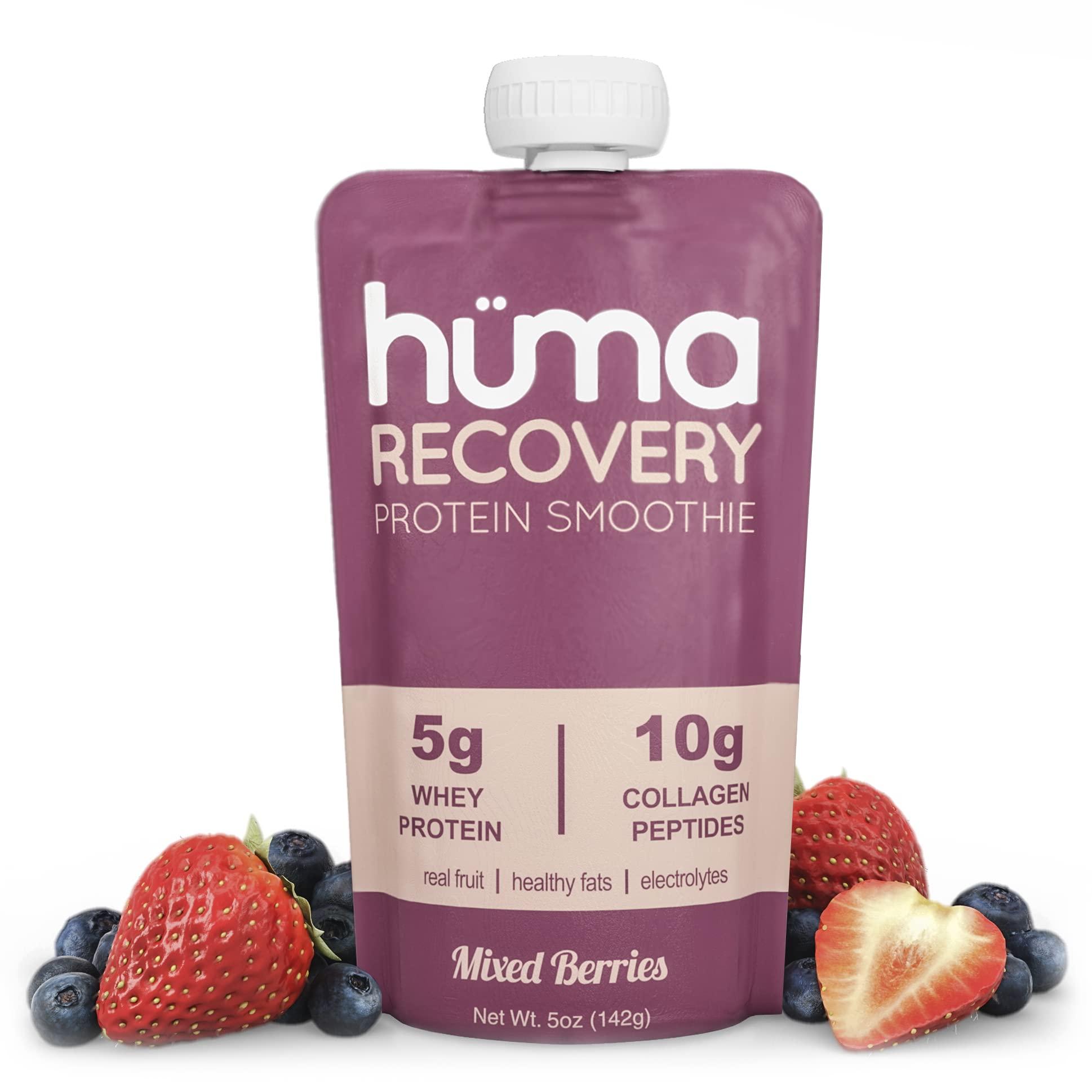 HÜMA CHIA ENERGY GEL Huma Recovery Protein Smoothie, 20 Pouches – 15g Collagen + Whey Post Workout Recovery Drink – Ready-to-Drink Protein Shake with Real Fruit, Electrolytes, Healthy Fats
