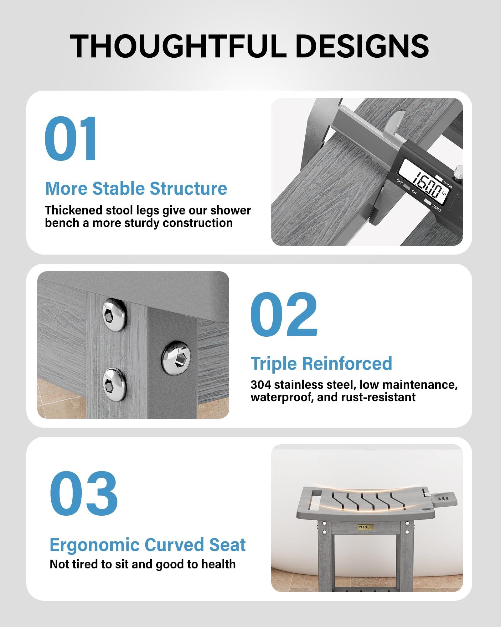 YEFU Elderly Shower Chair for Inside Shower: Shower Stool Waterproof Plastic Grey Small for Shaving Legs Bathtub Small Spaces - Shower Bench Seat for Adults Seniors Disabled