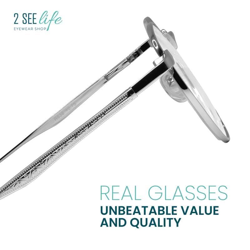 2SeeLife Silver Large Metal Wire Rim Round Reading Glasses Men & Women with Vintage & Sturdy Frame - Spring Hinges Fashion Readers - Trendy for all Face Shapes Readers for Women & Men - Cheaters Glasses 1.0