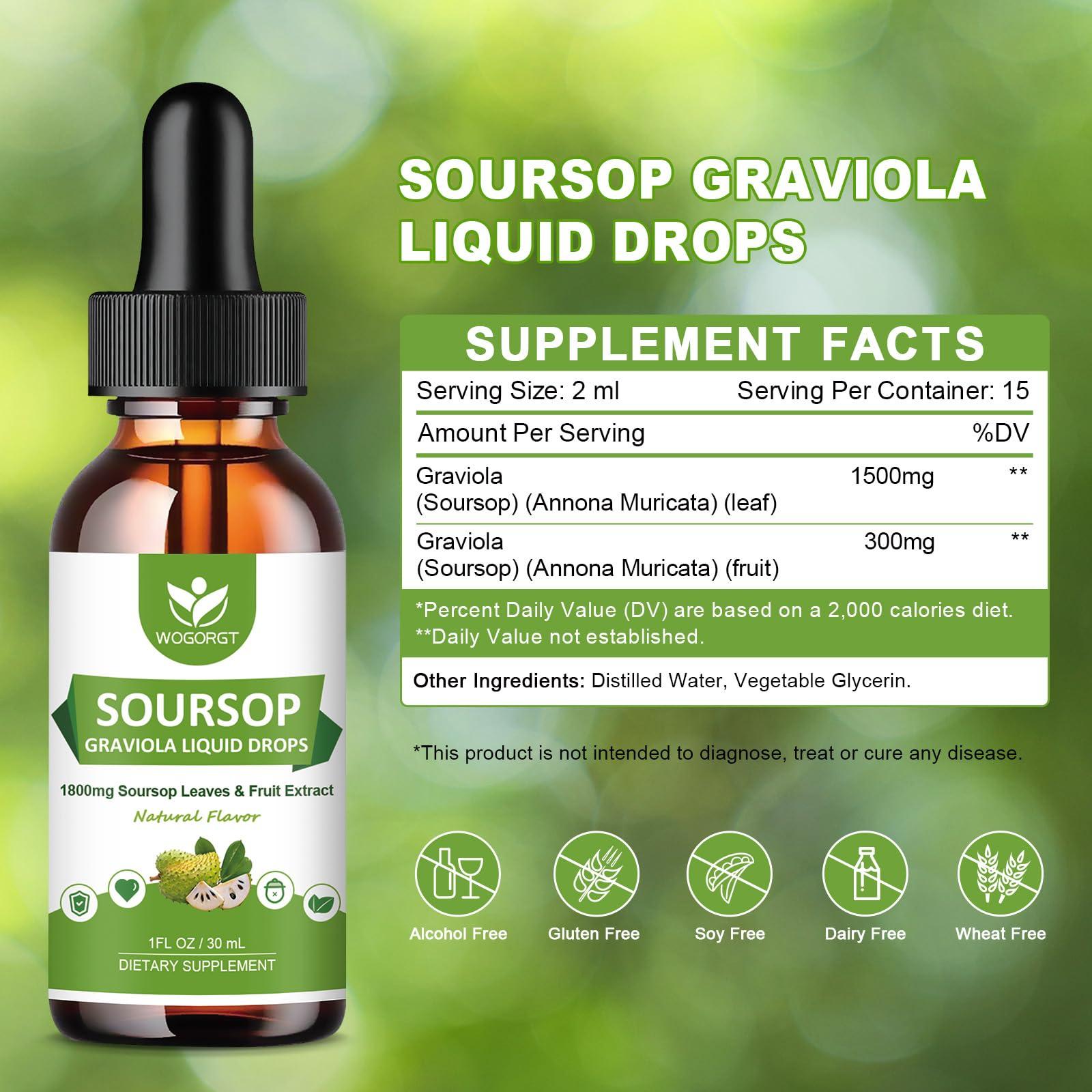 WOGORGT (2 Pack) Soursop Graviola Liquid Drops - 1800mg Soursop Extract - High Absorption Soursop Bitters Liquid for Cell Support & Regeneration, Immune Support, Antioxidant, Relaxation, Sugar Free - 1 Fl Oz