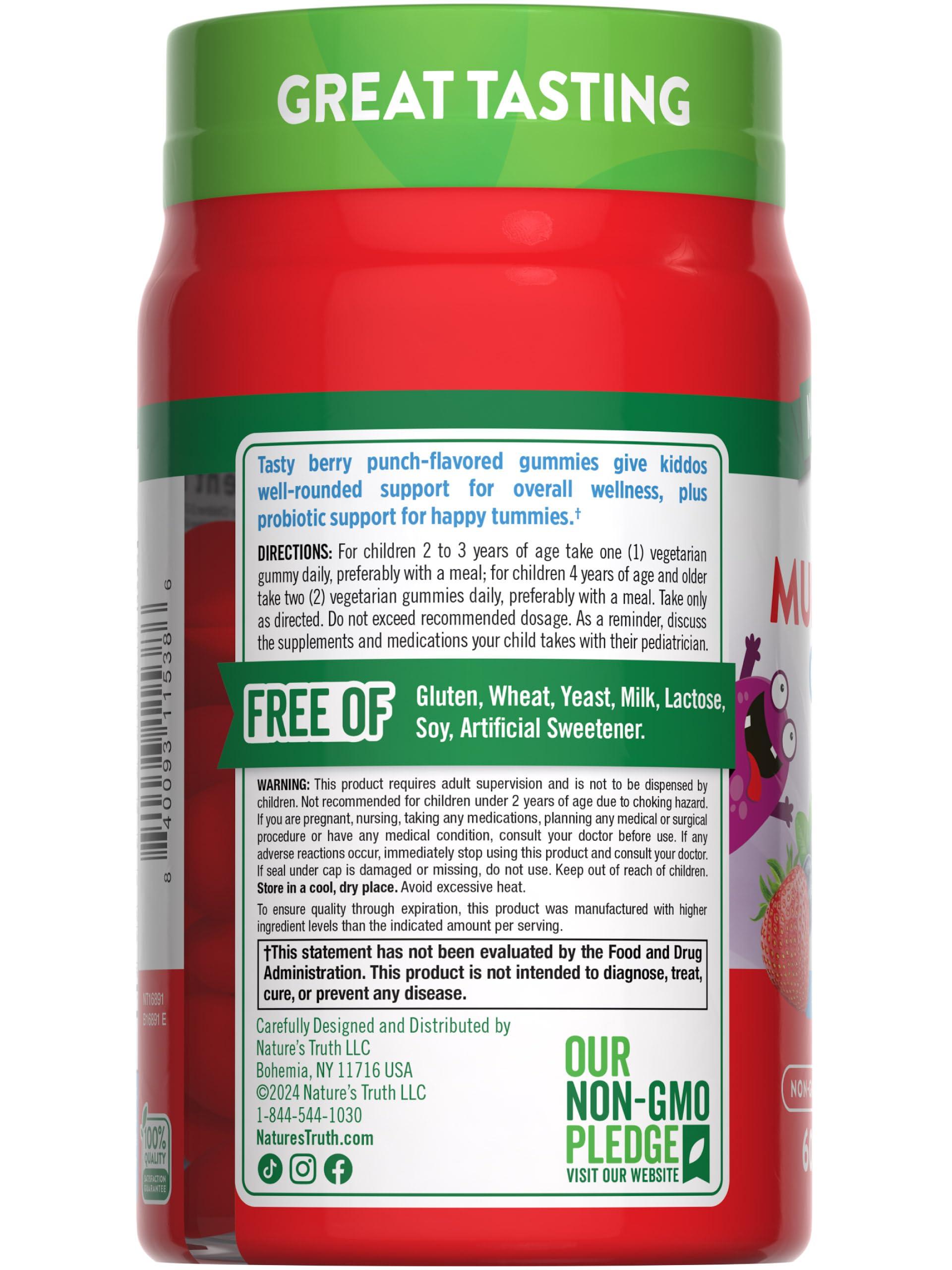 Nature's Truth Nature\'s Truth Kids Multivitamin Gummies with Probiotics | 60 Count | Berry Punch Flavor | Vegetarian, Non-GMO, and Gluten Free Supplement
