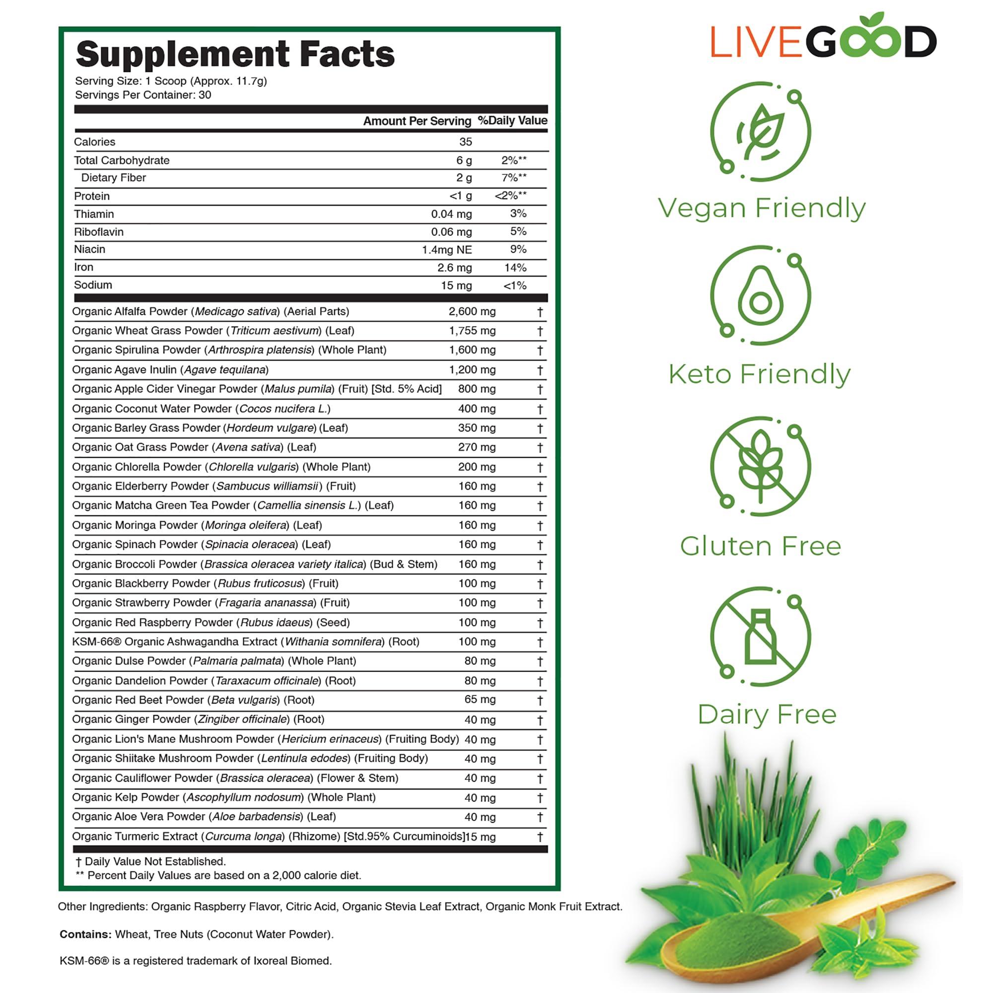 LIVEGOOD LIVEGOOD Organic Super Greens with Wheat, Barley, Oat Grass, Matcha Green Tea, Aloe Vera, Vegan, Gluten Free, 7.2 oz.