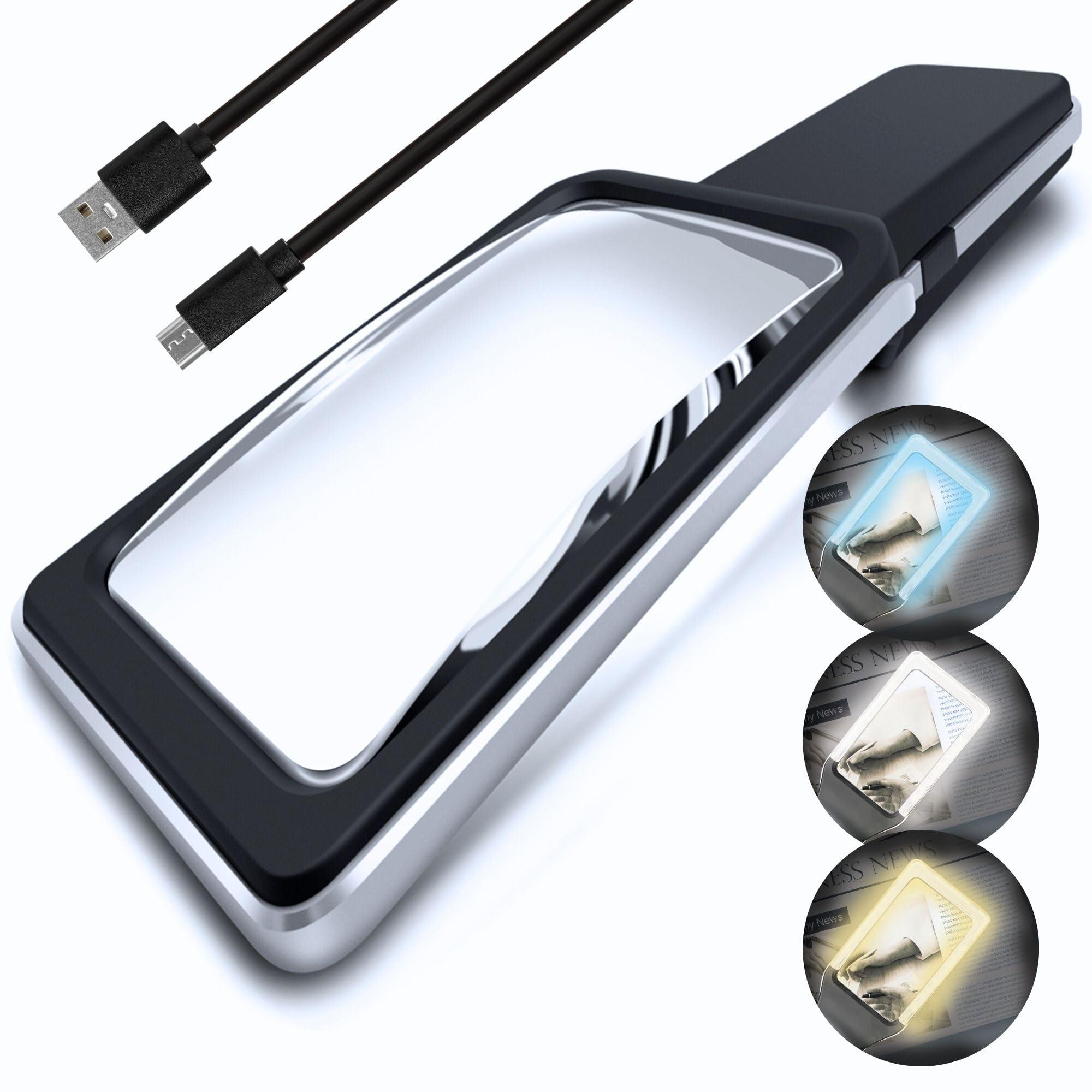 MagniPros See Things Differently MagniPros Patented 6X Rechargeable Magnifying Glass with 3 Color Light Modes & Anti-Glare Lens - Relieve Eye Strain | Perfect for Low Vision Seniors, Macular Degeneration & Fine Print