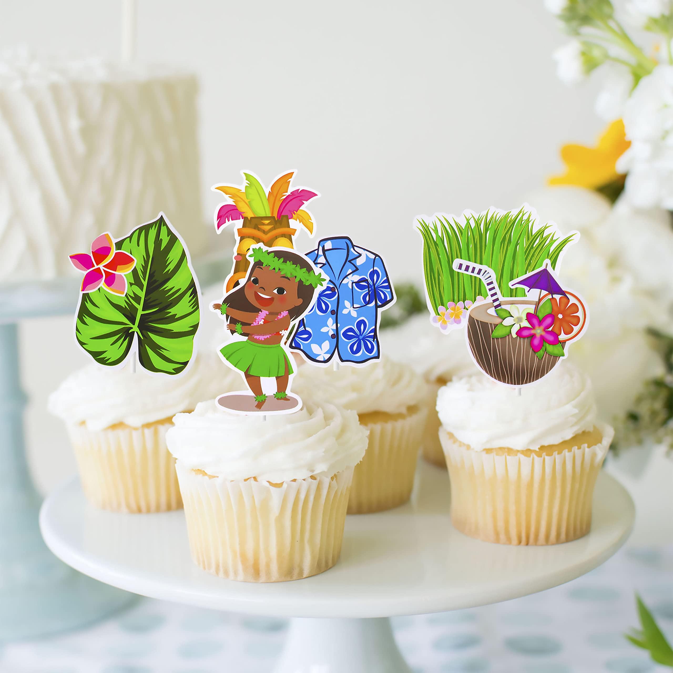 C L cooper life 32 Pcs Hawaii Aloha Luau Cupcake Toppers Hawaiian Tropical Summer Theme Birthday Party Cake Decorations with Palm Leaves Flamingo Tiki Coconut Pattern