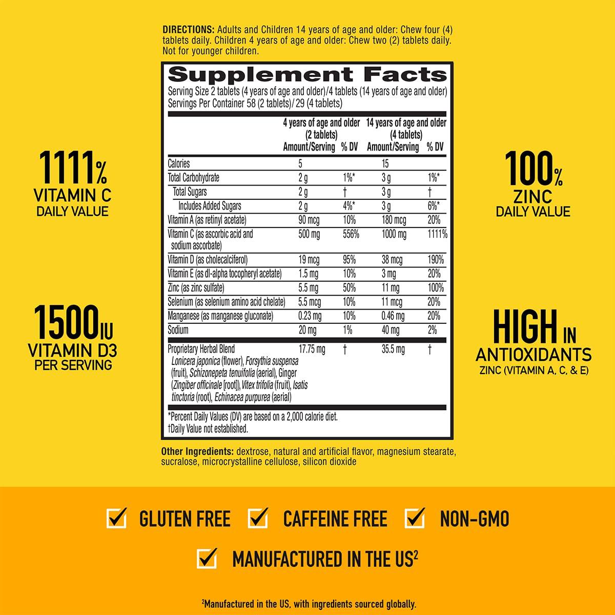Airborne Airborne 1000mg Vitamin C + Zinc Immune Support Supplement Chewable Tablets, Citrus Flavor with Powerful Antioxidants Vitamins A C & E, 116 Chewable Tablets (2 Pack)