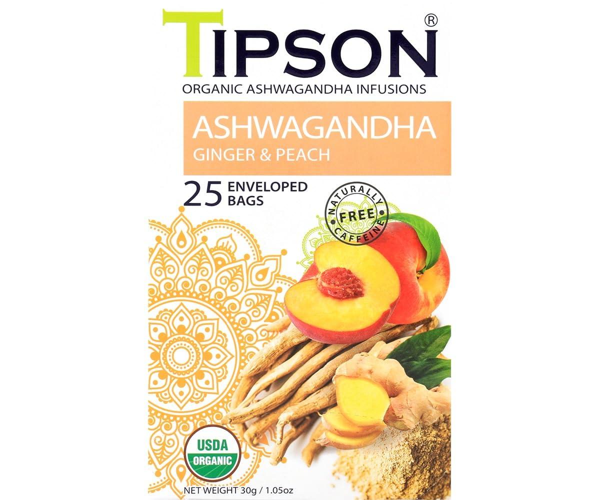 Tipson Tipson Organic Ashwagandha Tea Infusions - Ginger & Peach - Caffeine Free, Non GMO, Gluten Free - 25 Premium Tea Bags (Pack of 1)