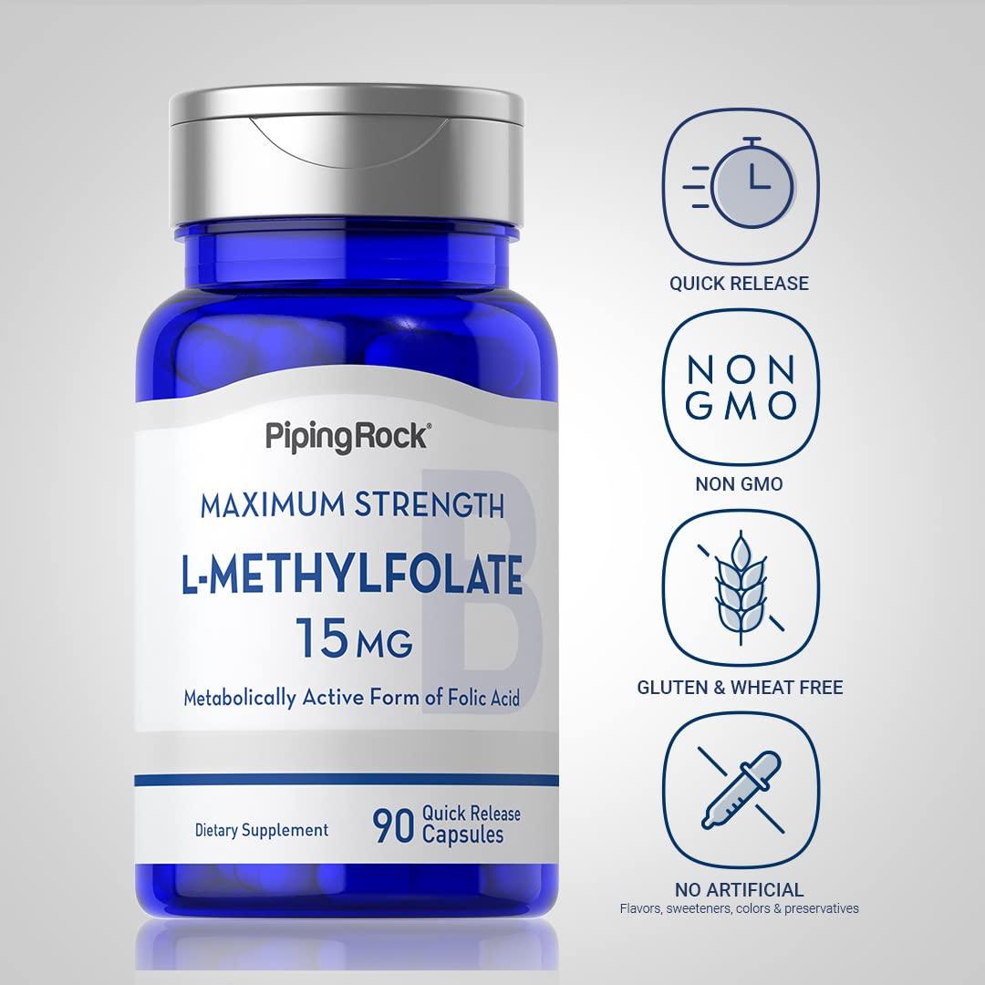 Piping Rock Piping Rock L Methylfolate 15 mg | 90 Capsules | Max Potency | Active Folic Acid Supplement | Non-GMO, Gluten Free