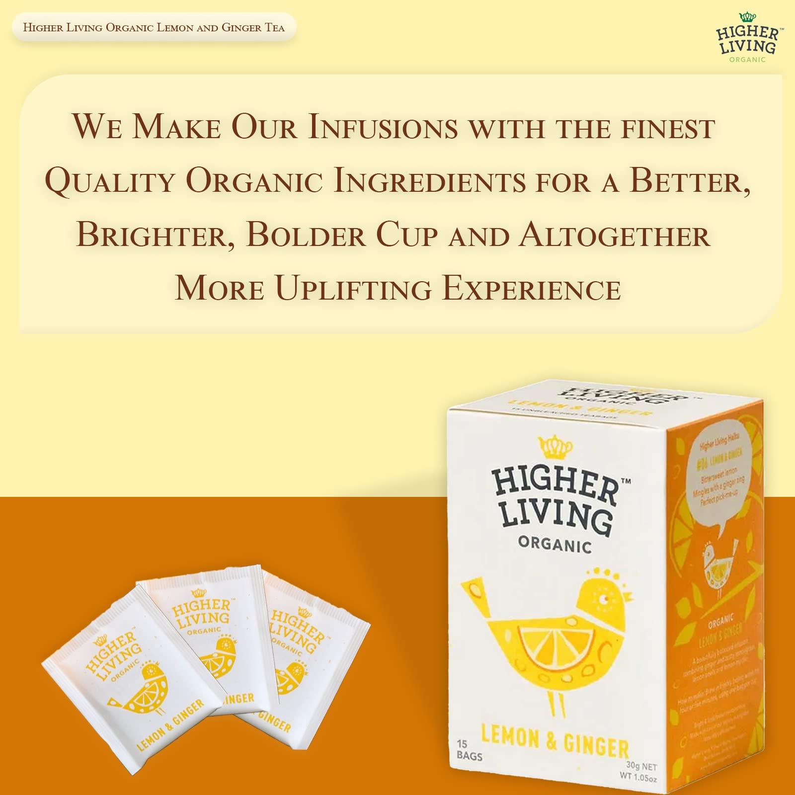 Higher Living Higher Living Organic Lemon & Ginger Herbal Tea - 15 Teabags | with Licorice Root, Lemongrass, Lemon Peel & More | Tangy & Spicy Flavor | Caffeine Free | Use as Hot or Iced Tea | 1.05oz/30g
