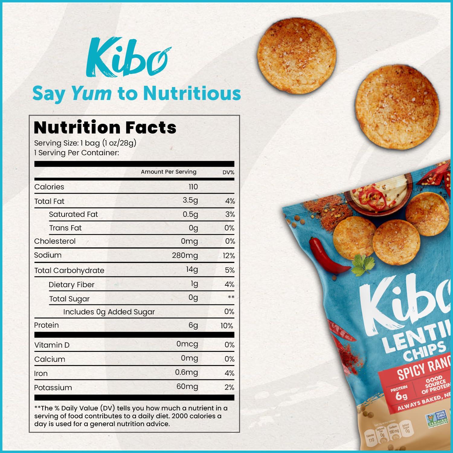 KIBO FOODS Kibo Lentil Chips Spicy Ranch - 6g Protein, Non-GMO, Vegan, Plant-based, Crispy and Non-Fried - Made with Real Veggies - 1 oz (Pack of 12)