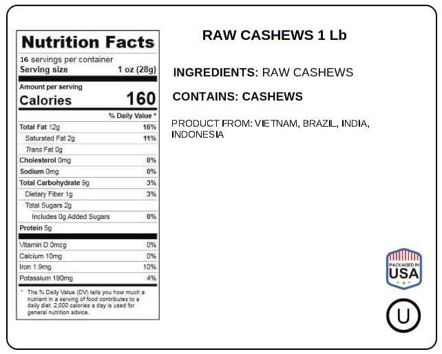 Jaybee\'s Raw Cashews 1 Pound | Whole Natural Unsalted Cashew Nuts | Naturally Gluten-free Cashew Nuts Bulk | Vegan & Keto Protein Snack | Use for Cashew Milk, Butter, Salads, Baking Recipes, Compare to Organic Cashews | Jaybee\'s