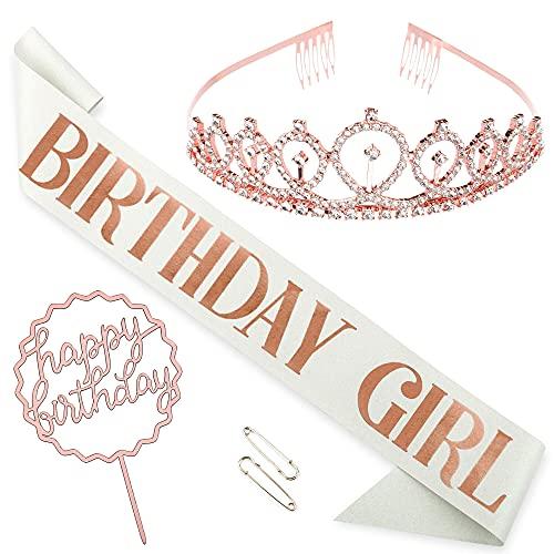 CORRURE CORRURE 'Birthday Girl' Sash, Rhinestone Tiara, and Cake Topper Set - Happy Birthday White Glitter Sash and Crown for Women's Sweet 16, 18th 21st 25th 30th 40th 50th or Any Other Bday Party