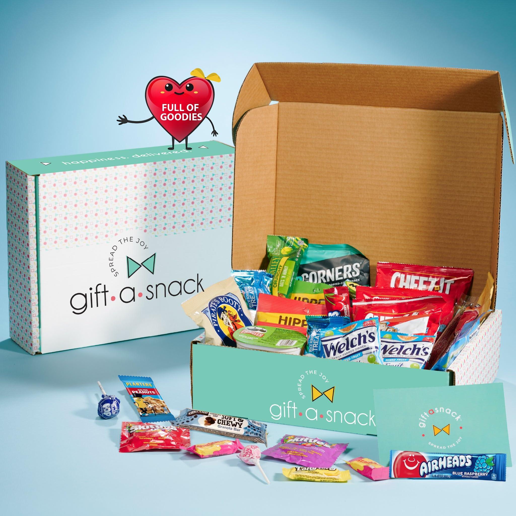 Nut Cravings Gift A Snack - Valentines Day Snack Box Variety Pack Care Package + Greeting Card (40 Count) Galentines Birthday Sweet Treats Gift Basket, Candies Chips Crackers Bars Corporate Gifts