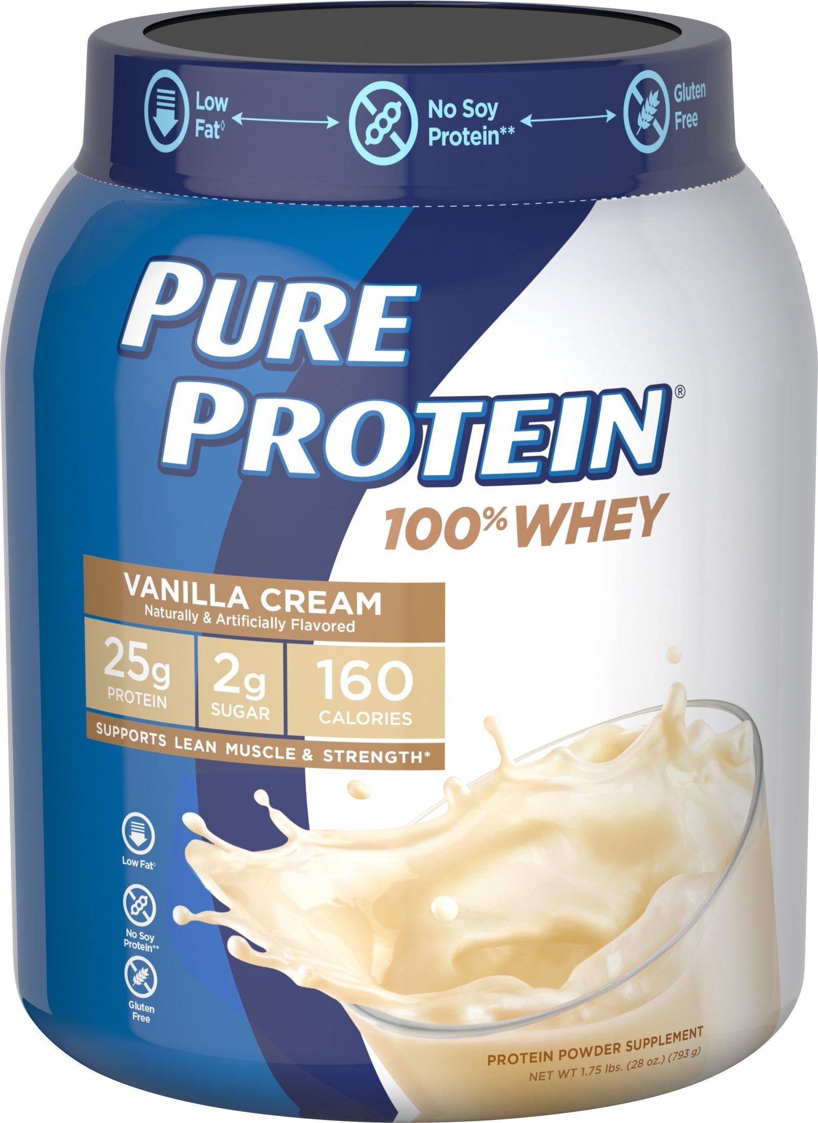 Pure Protein Pure Protein Powder, Whey, Great for Meal Replacement Shakes, Low Carb, Gluten Free, Vanilla Cream, 1.75 lbs