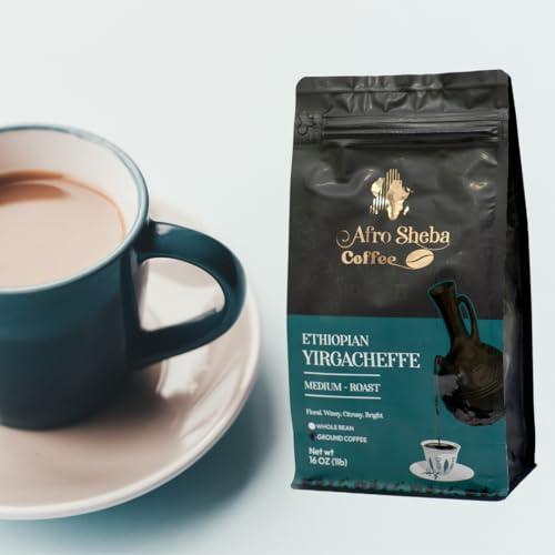 Afro Sheba Coffee Afro Sheba Coffee - Whole Bean Medium Roast Coffee - Full Body - Ethiopian Single Origin - Ground - Low Acid - Washed & Natural - 1 lb (16 oz) (Yirgacheffe)