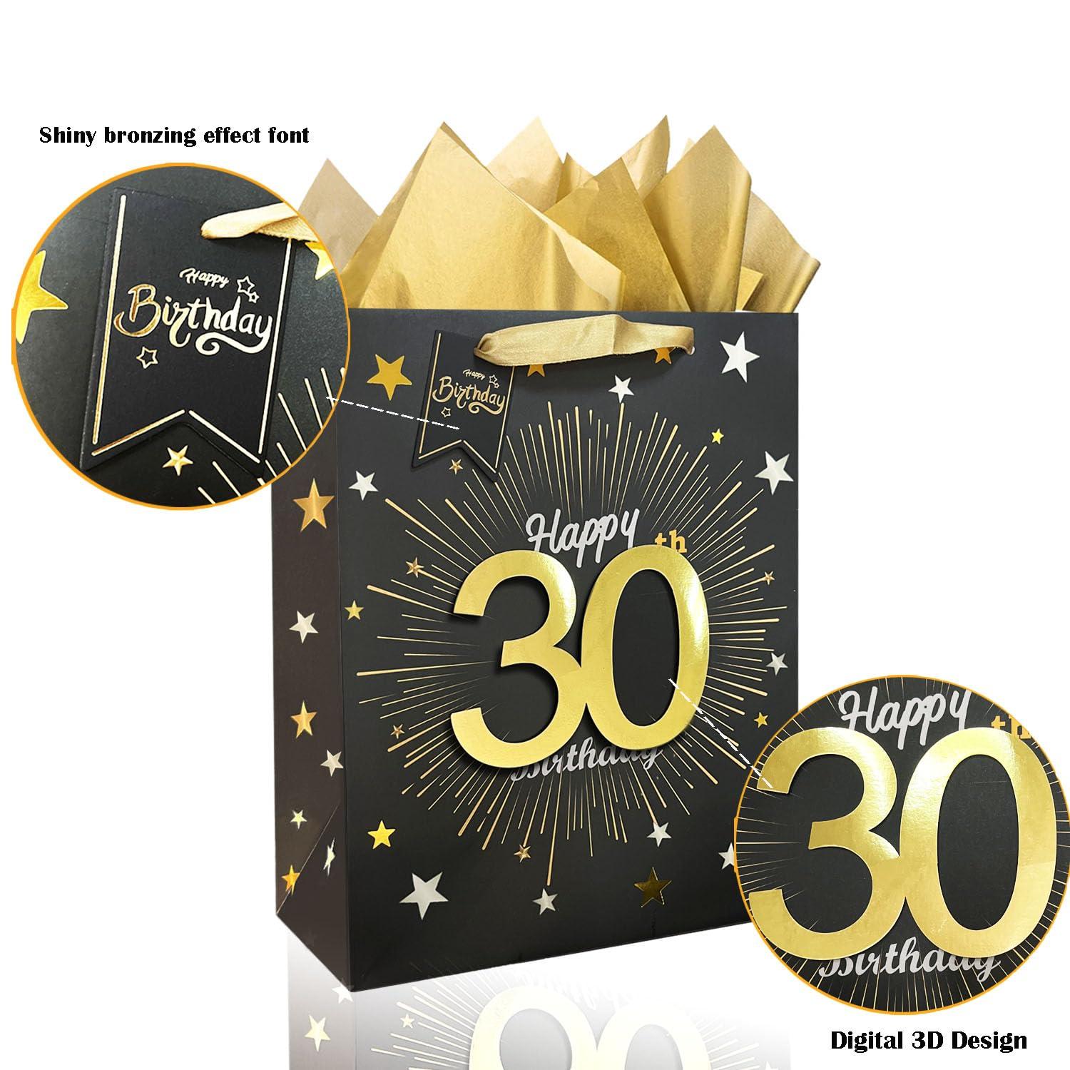 Yitla Yitla 30th birthday gift bag for men,13\" Black Happy 30th Birthday Gift Bag with Card and Tissue Paper for Men Women 30th Birthday Party Supplies (30th Happy Birthday)