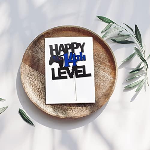 LQINBIBJ Video Game Cake Topper For Happy 14th Level Birthday Decoration - Glitter Happy 14th Birthday Video Game Cake Topper - Gamer Levle 14th Unlocked Birthday Party Cake Decorations