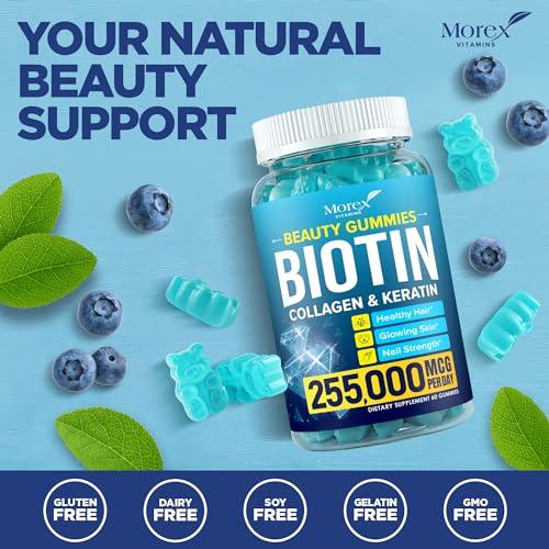 MOREX VITAMINS Hair Vitamins Natural Gummies - Biotin Multivitamin for Hair, Skin & Nails with Collagen & Keratin - Anti Aging Collagen Gummy Vitamins for Men & Women - Hair & Nail Growth Gummies - 60psc