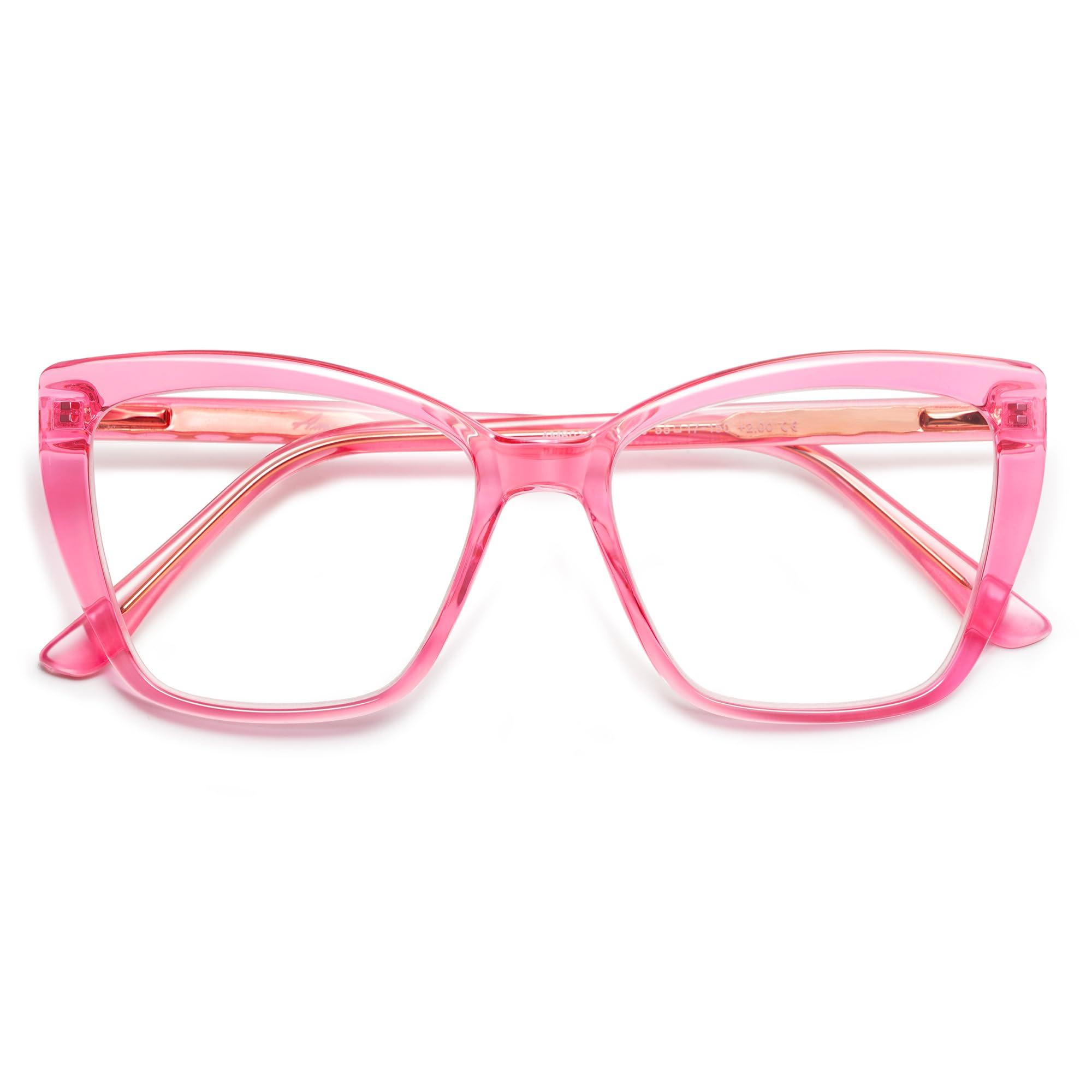 AMOMOMA AMOMOMA Trendy TR90 Oversized Blue Light Reading Glasses Women,Stylish Square Cat Eye Glasses AM6031 Crystal Pink 2.0 x