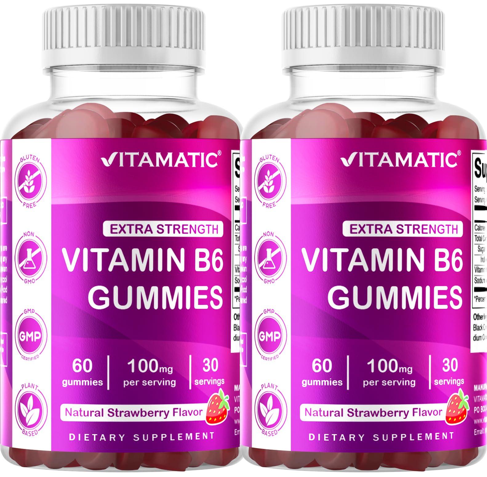 Vitamatic Vitamatic 2 Packs Vitamin B6 100mg - Strawberry Flavor - 60 Pectin Based Gummies - Supports Nervous System