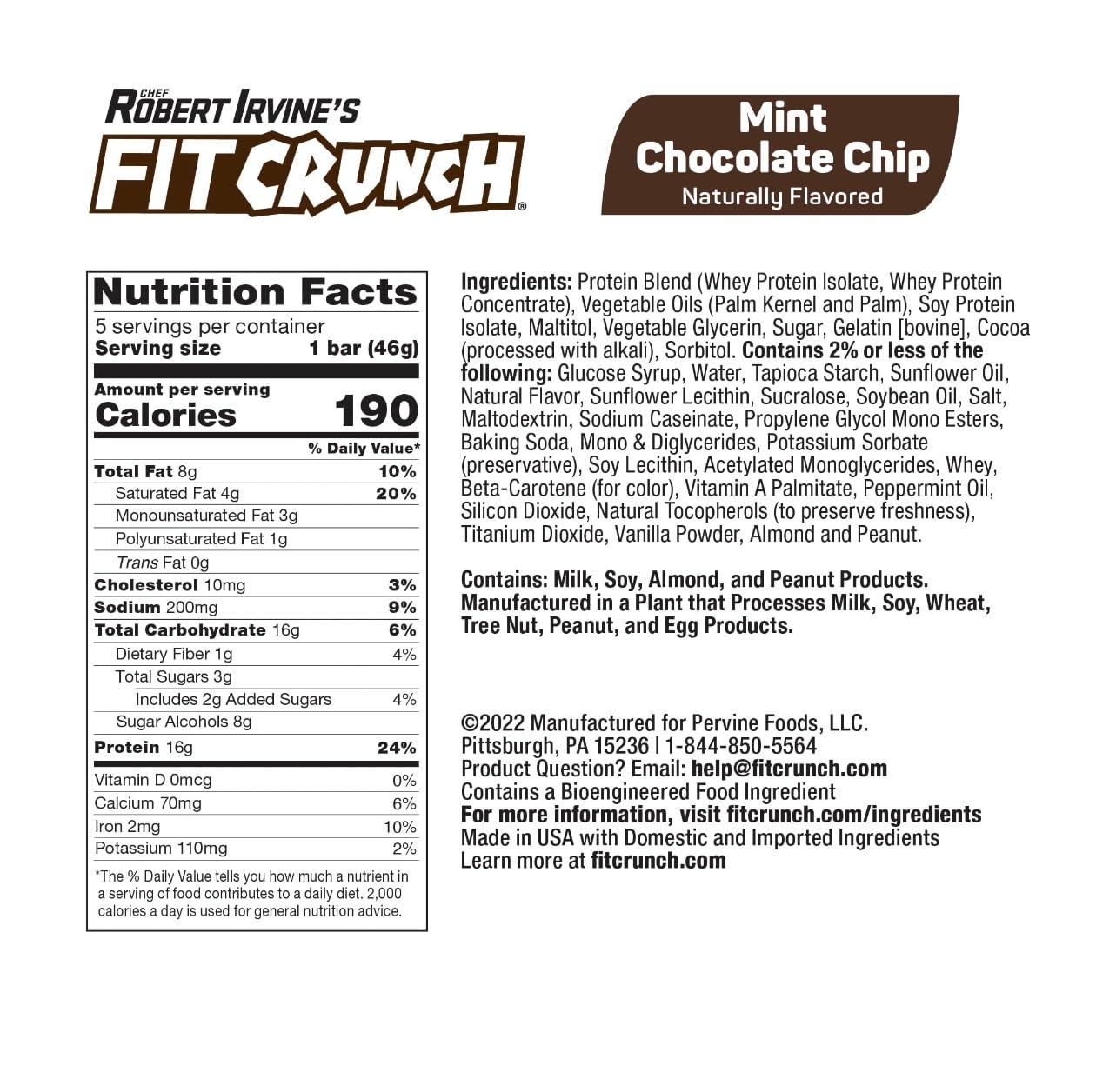 Fit Crunch FITCRUNCH Snack Size Protein Bars, Designed by Robert Irvine, 6-Layer Baked Bar, 3g of Sugar, Gluten Free & Soft Cake Core (5 Bars, Mint Chocolate Chip)