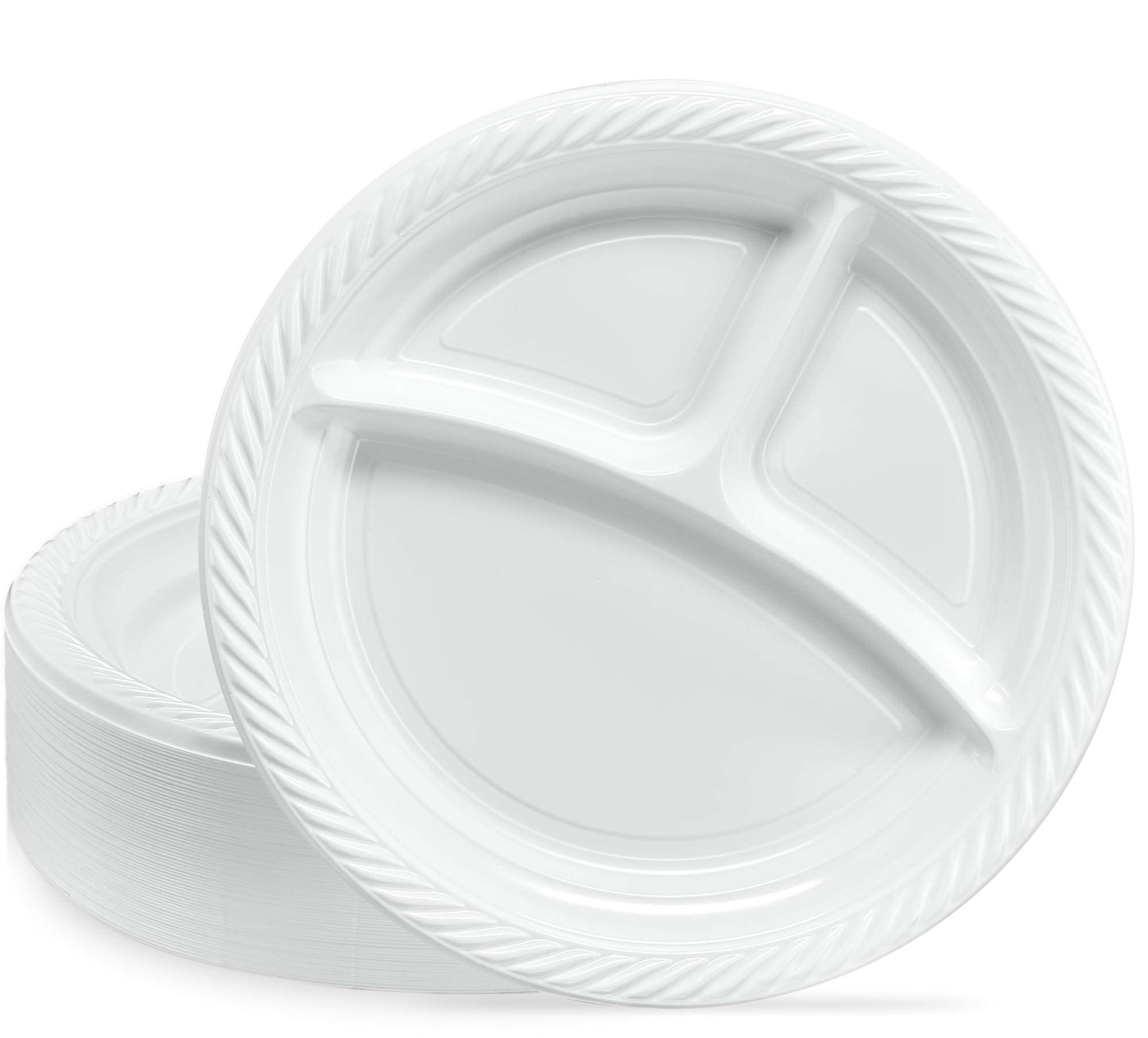 PLASTICPRO PLASTICPRO 9 inch Round Plastic Plates 3 Compartment - 3 Section Plates Microwaveable, Disposable, White, Dinnerware 100 Count