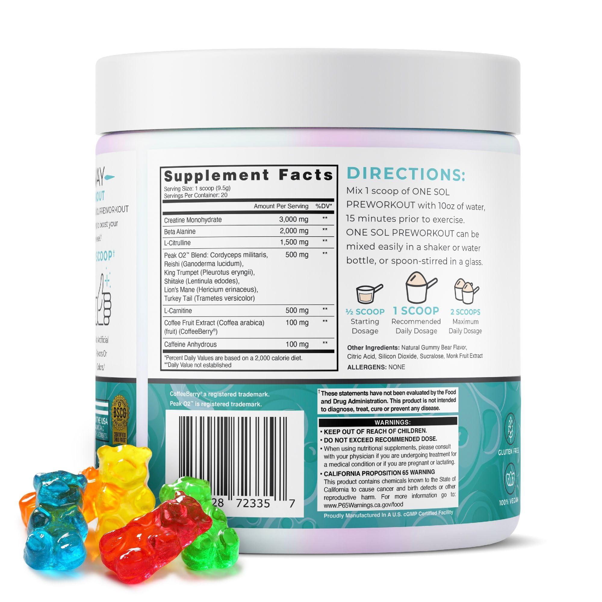 One Sol One Sol Pre-Workout for Women, Enhanced Pump & Focus, No Jitters Or Crash, Natural Ingredients, 100% Vegan, Gluten Free & Soy Free, (Gummy Bear)