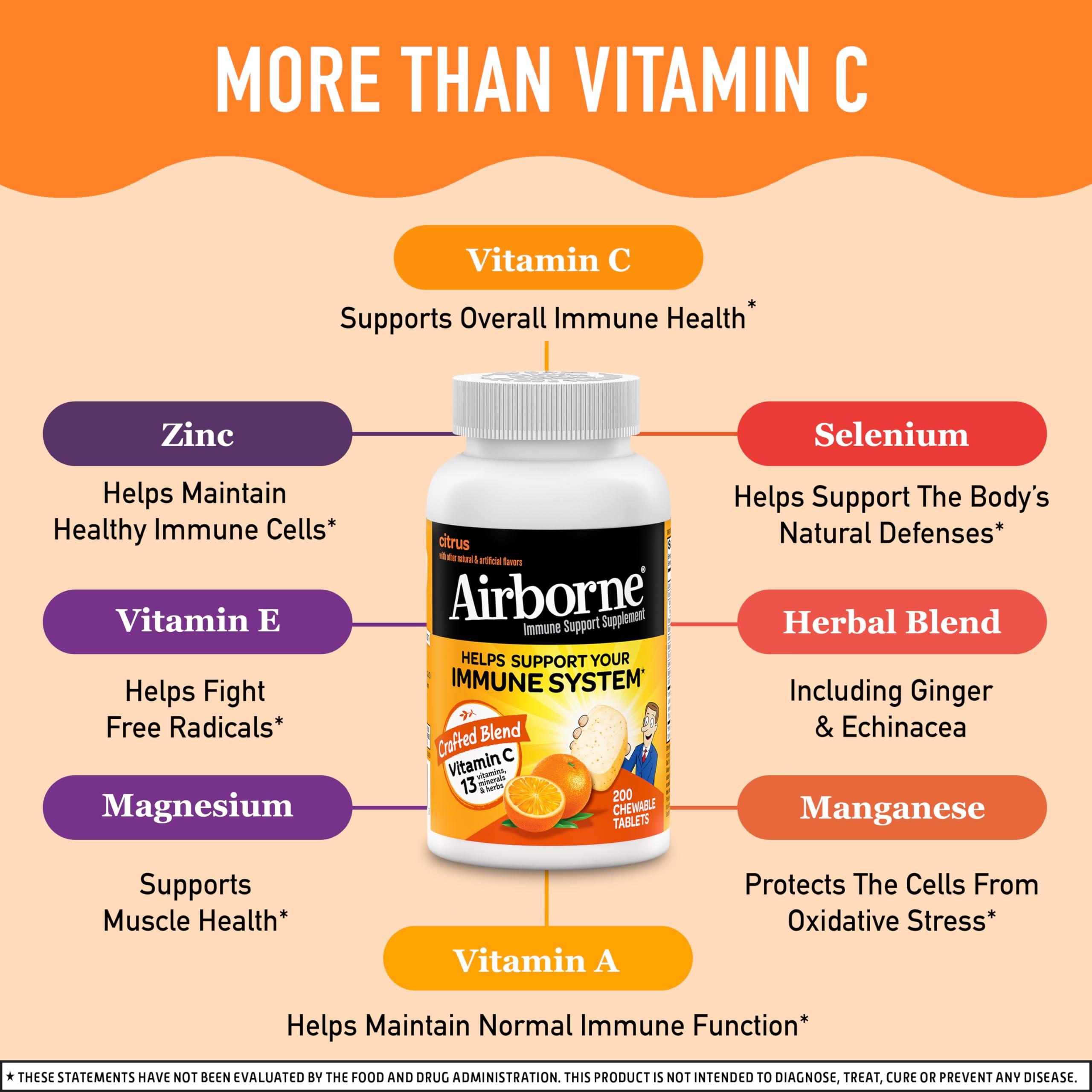 Airborne Airborne 1000mg Chewable Tablets with Zinc, Immune Support Supplement with Powerful Antioxidants Vitamins A C & E - 200 Tablets, Citrus Flavor