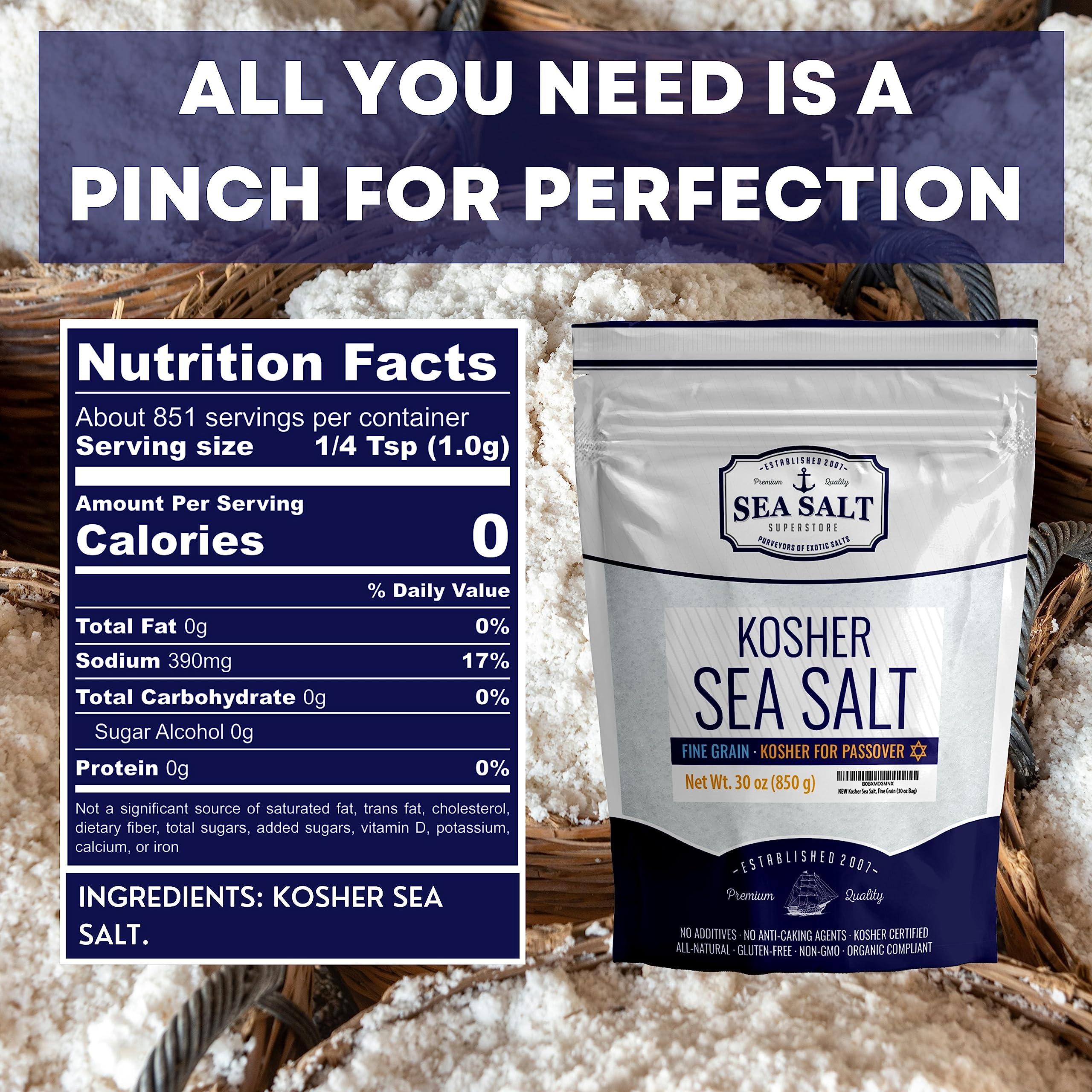 Sea Salt Superstore Kosher Sea Salt, Fine Grain Kosher Salt, Fine Salt Replacement for Table Salt, Non-Iodized & Natural Fine Sea Salt for Table Shakers, 30 oz Bag, Sea Salt Superstore
