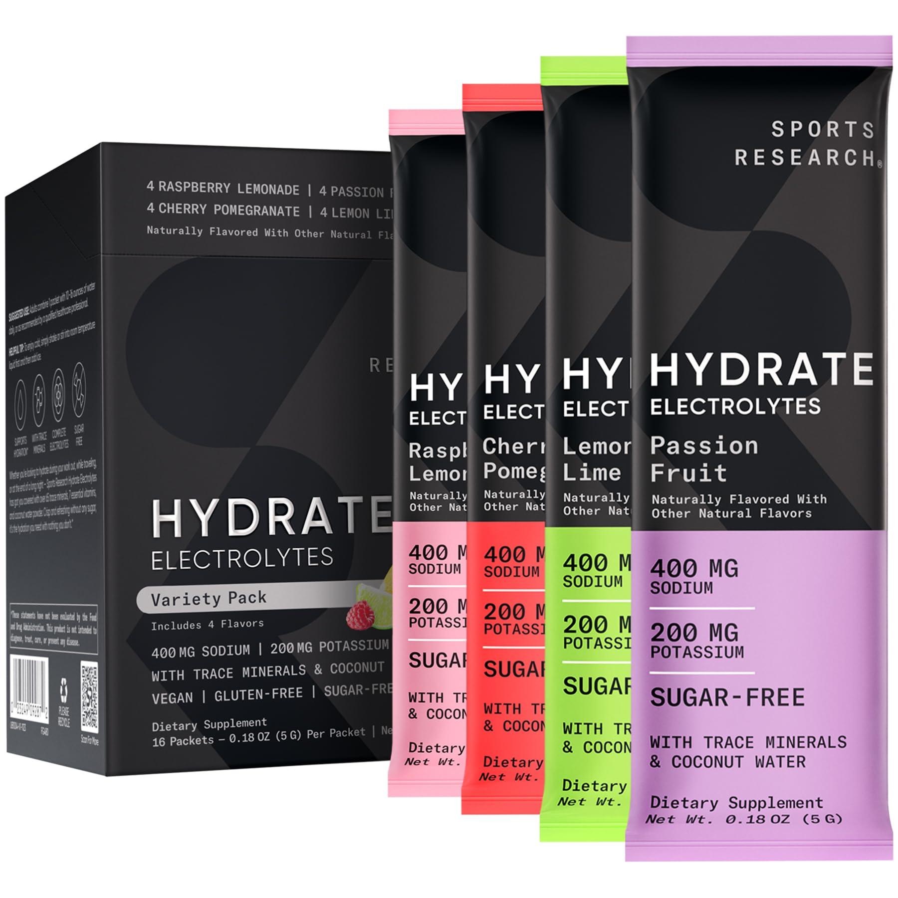 Sports Research Sports Research Hydrate Electrolytes Combo Pack - Sugar-Free & Naturally Flavored with Vitamins, Minerals, and Coconut Water - Supports Hydration - 32 Packets - Lemon Lime Dominant Flavor