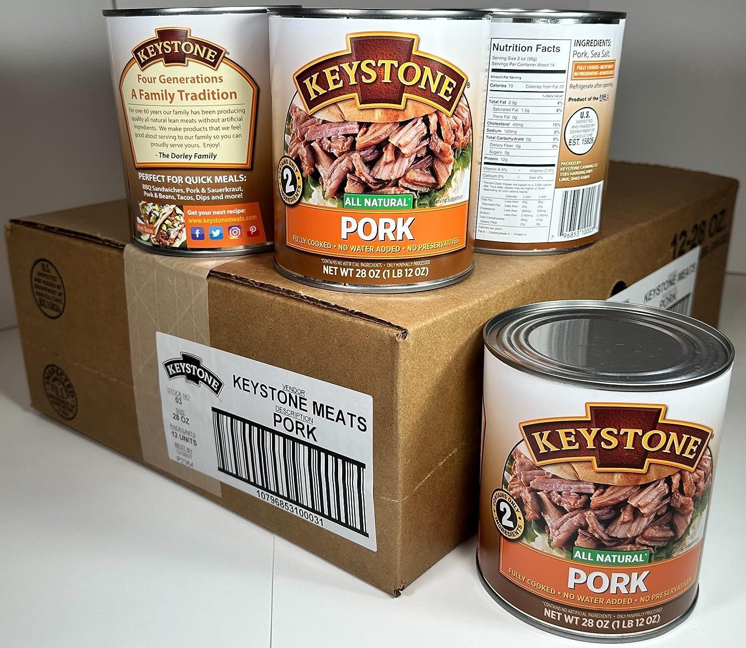 Keystone Keystone Meats All Natural Canned Pork 28 Ounce Long Term Shelf Life Emergency Survival Food Canned Meat | Fully Cooked Ready to Eat | No Water Added | Gluten Free No Carbs Family Pack of 12