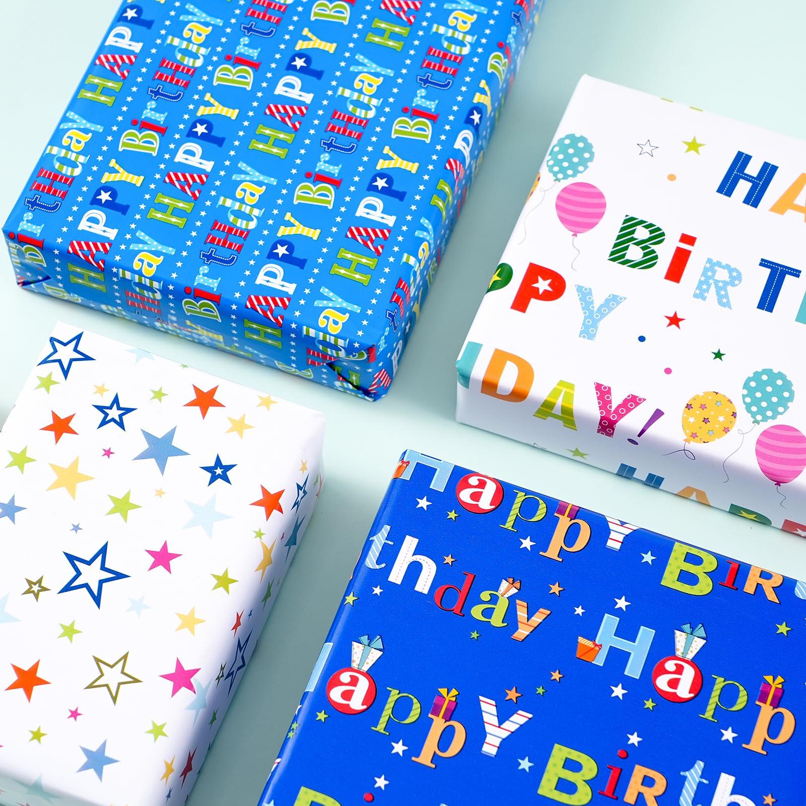 PlandRichW PlandRichW Birthday Wrapping Paper 4 Mini Rolls 17 x 120 for Kids Boys Girls, Colorful Happy Birthday Letters and Stars Design, Gift Wrapping Paper for Women Men Baby Shower Holiday